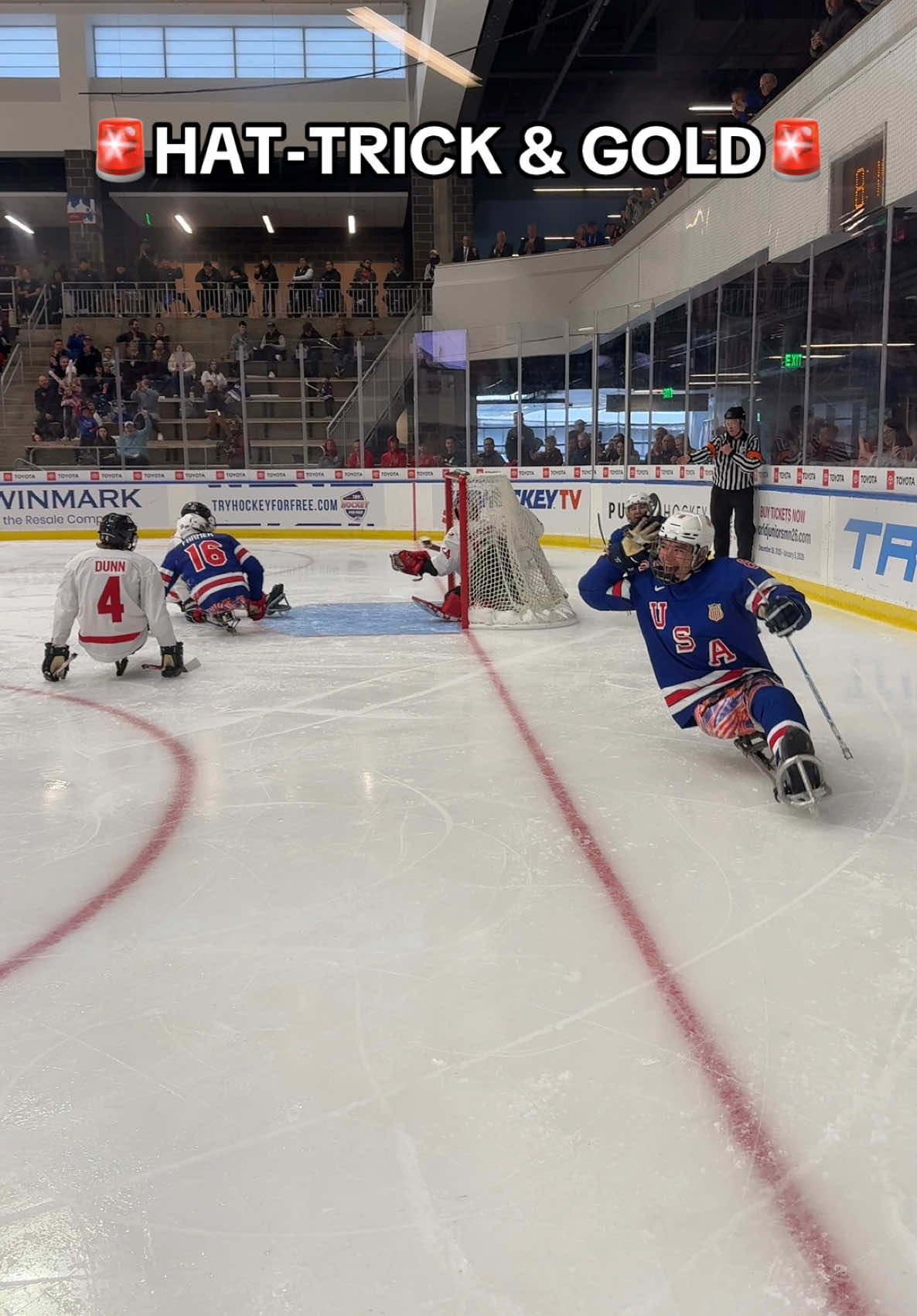A post by @teamusa on TikTok caption: A hat-trick in the gold medal game… go off @Jack Wallace 🥇 #sledhockey #teamusa #Paralympics #goldmedal #hattrick #hatty #mtusa #sledworlds 