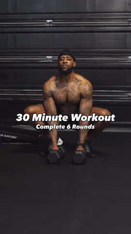 A post by @omar.hiit on TikTok caption: 30 Minute Full Body Workout  Complete 6 Rounds  20 Second rest after each dumbbell exercise  #homeworkout #fitness #30minuteworkout 