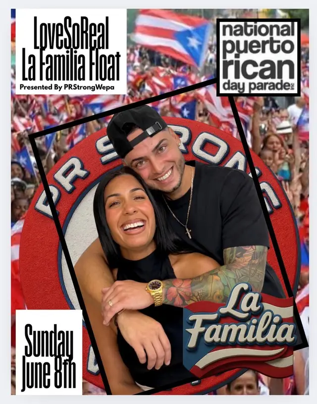 A post by @lovesoreal on TikTok caption: See you guys in New York City Sunday June 8th at  The National Puerto Rican Day Parade.  🇵🇷   Look for us on La Familia Float! ♥️