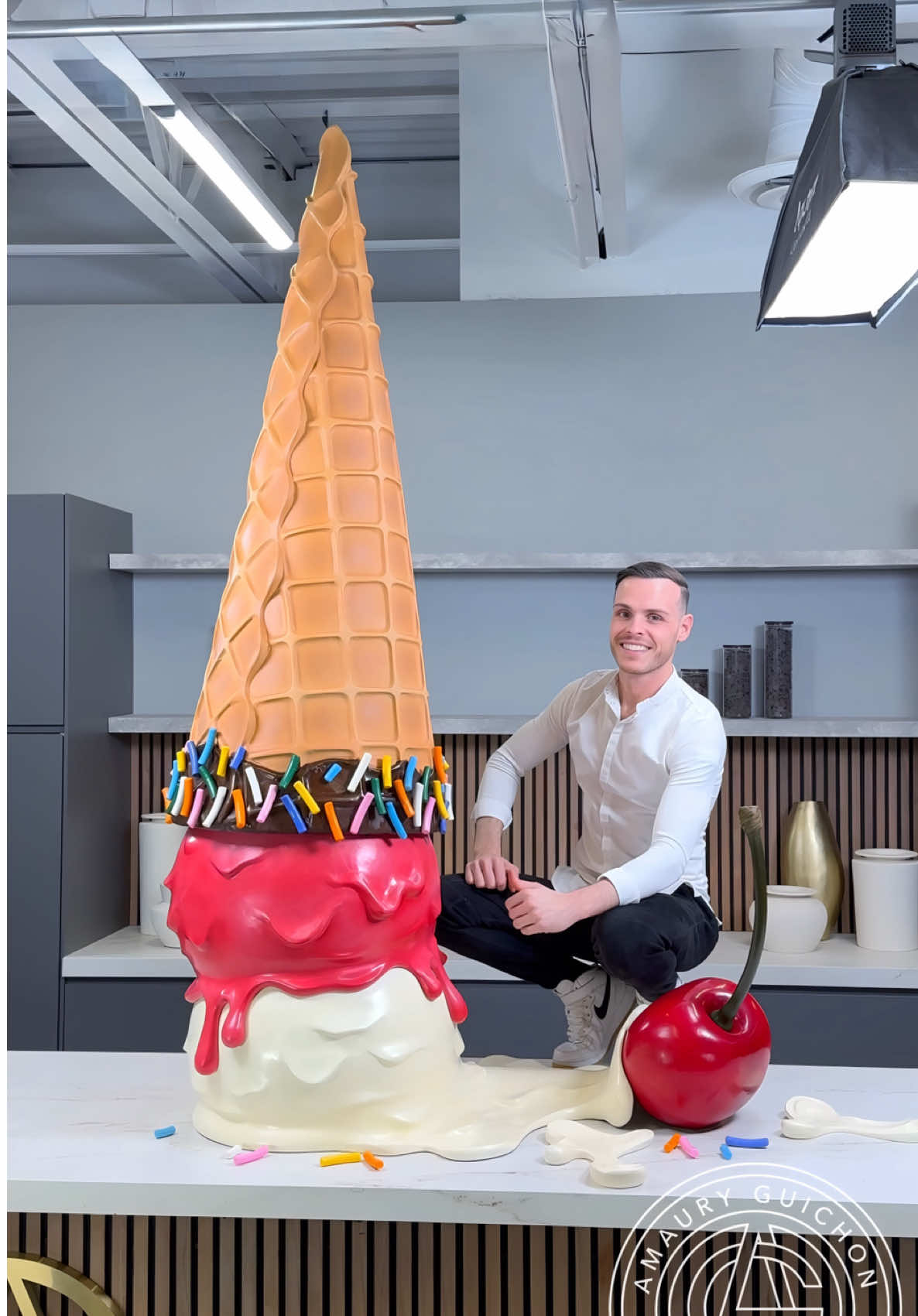 A post by @amauryguichon on TikTok caption: Giant Chocolate Ice Cream! 🍦 It getting hot in here… 🥵 #amauryguichon #chocolate #icecream 