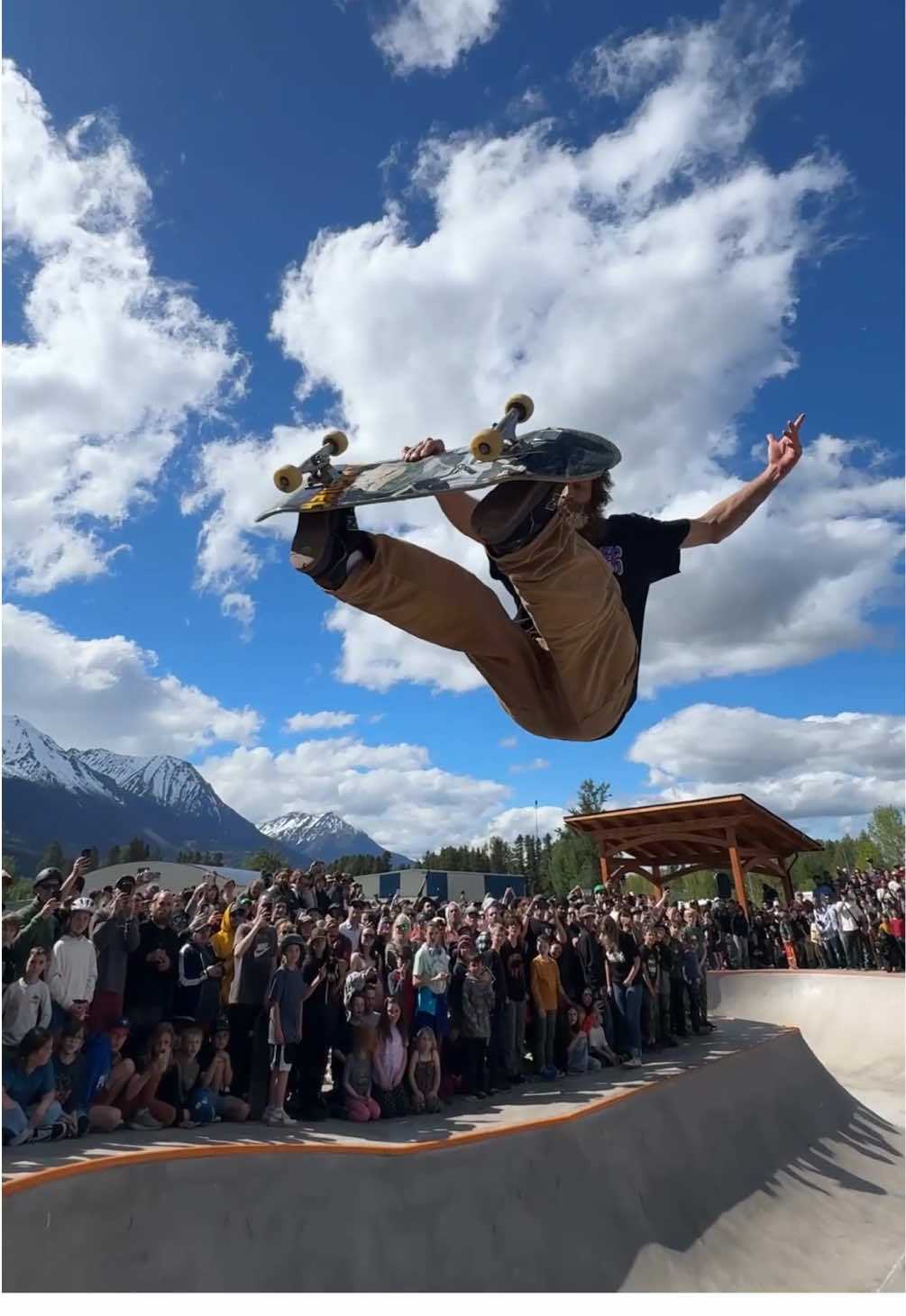 A post by @tonyhawk on TikTok caption: Had the privilege of skating the new #SmithersSkatepark expansion with some of our @Birdhouse Skateboards crew recently. It seemed like the entire town showed up, and it felt like the days of Gigantic Skatepark Tours. Thanks to #PowerToGiveCanada #Mcmorrisfoundation & @Wet’suwet’en Cas for the invite and hospitality. 🇨🇦🛹🎉