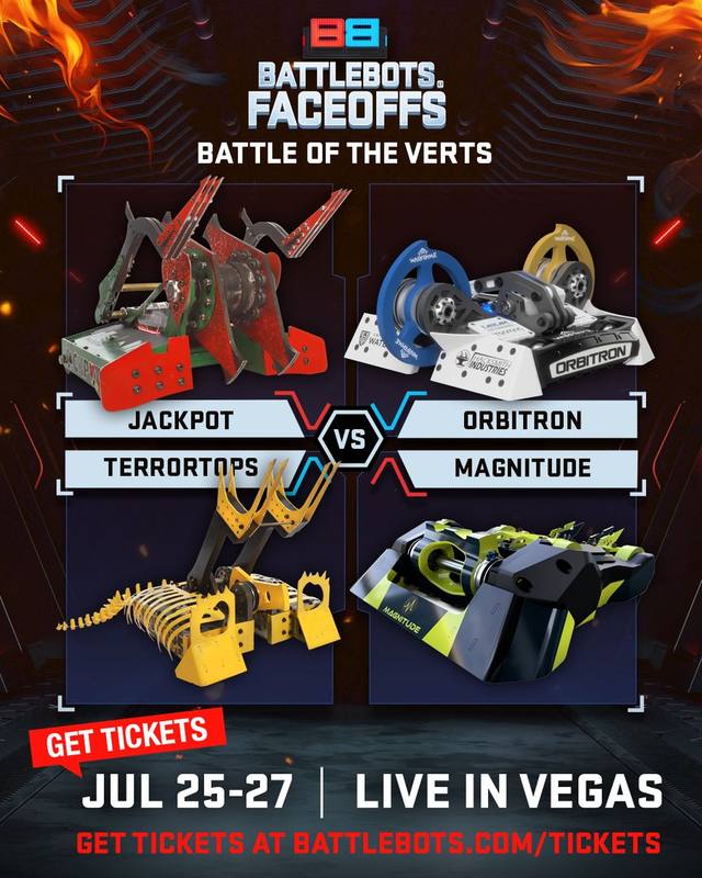 A post by @battlebots on TikTok caption: 🚨 LIVE EVENT ALERT 🚨 - Get ready for an adrenaline-pumping experience with two thrilling LIVE events at BattleBots Destruct-A-Thon in Las Vegas! Mark your calendars and grab your tickets now at battlebots.com/tickets (NOTE THE DATES). While you can catch these matches later on our YouTube channel, nothing beats the electrifying atmosphere of witnessing them live. Feel the earth-shaking impacts, smell the burning batteries, meet the passionate teams, and immerse yourself in the chaos and excitement! #BattleBots