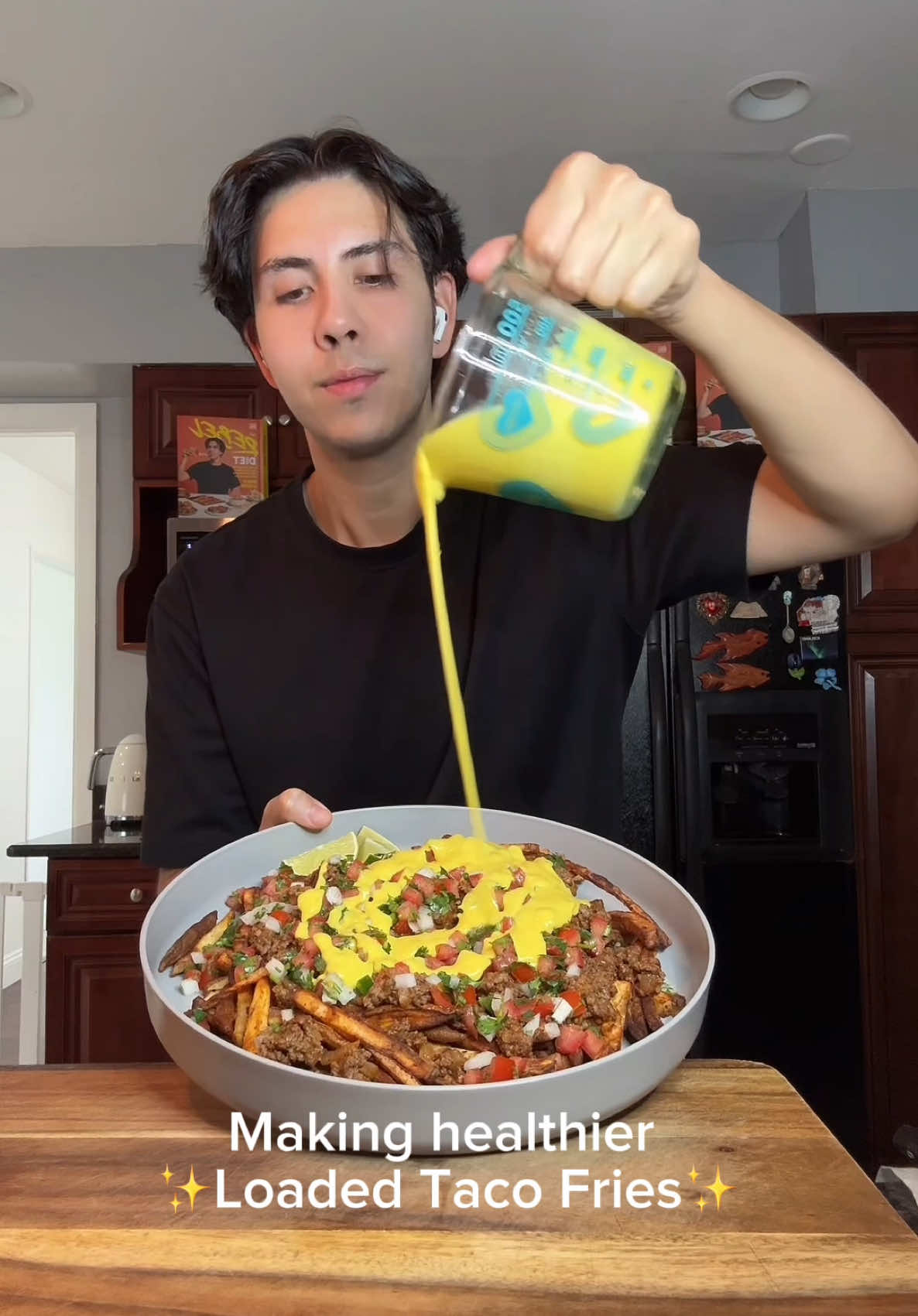 A post by @benjixavier on TikTok caption: Loaded Taco Fries!! 🥔🌮🔥 Yes, you can eat potatoes and still get snatched! 💪 Your body needs carbs to thrive..it’s all about balance, not restriction. These fries are loaded with flavor, protein, and just the right amount of spice. Comfort food but make it macro-friendly. You got this! 🙌 Ingredients: 🥩 1 lb lean ground beef 🌮 1 packet taco seasoning 🌶️ 1 small jalapeño, diced (optional for heat) 🧅 1/4 small white onion, diced 🍅 1/4 cup taco salsa 🥔 2 russet potatoes 🧄 1 tsp garlic powder 🧅 1 tsp onion powder 🌶️ 1 tsp paprika 🧂 1 tsp black pepper + 1/2 tsp salt 🫒 Olive oil spray 🍅 Pico de Gallo: 🍅 3 plum tomatoes, diced 🧅 1/4 small white onion, diced 🌿 Small bunch cilantro, chopped 🌶️ 1 jalapeño, diced (optional) 🍋 Juice of 1–2 limes 🧂 Seasonings: salt, garlic powder, onion powder 🧀 Cheese Sauce: 🧀 1 cup cheddar cheese 🥛 354 ml low-fat evaporated milk 🌽 1 tsp cornstarch 🌶️ 1/2 tsp paprika 🧄 1/2 tsp garlic powder  Macros (per serving, based on 4 servings total): Without Cheese Sauce: 🔥 Calories: 290 💪 Protein: 25g 🥔 Carbs: 24g 🧈 Fat: 11g With Cheese Sauce: 🔥 Calories: 390 💪 Protein: 30g 🥔 Carbs: 26g 🧈 Fat: 18g