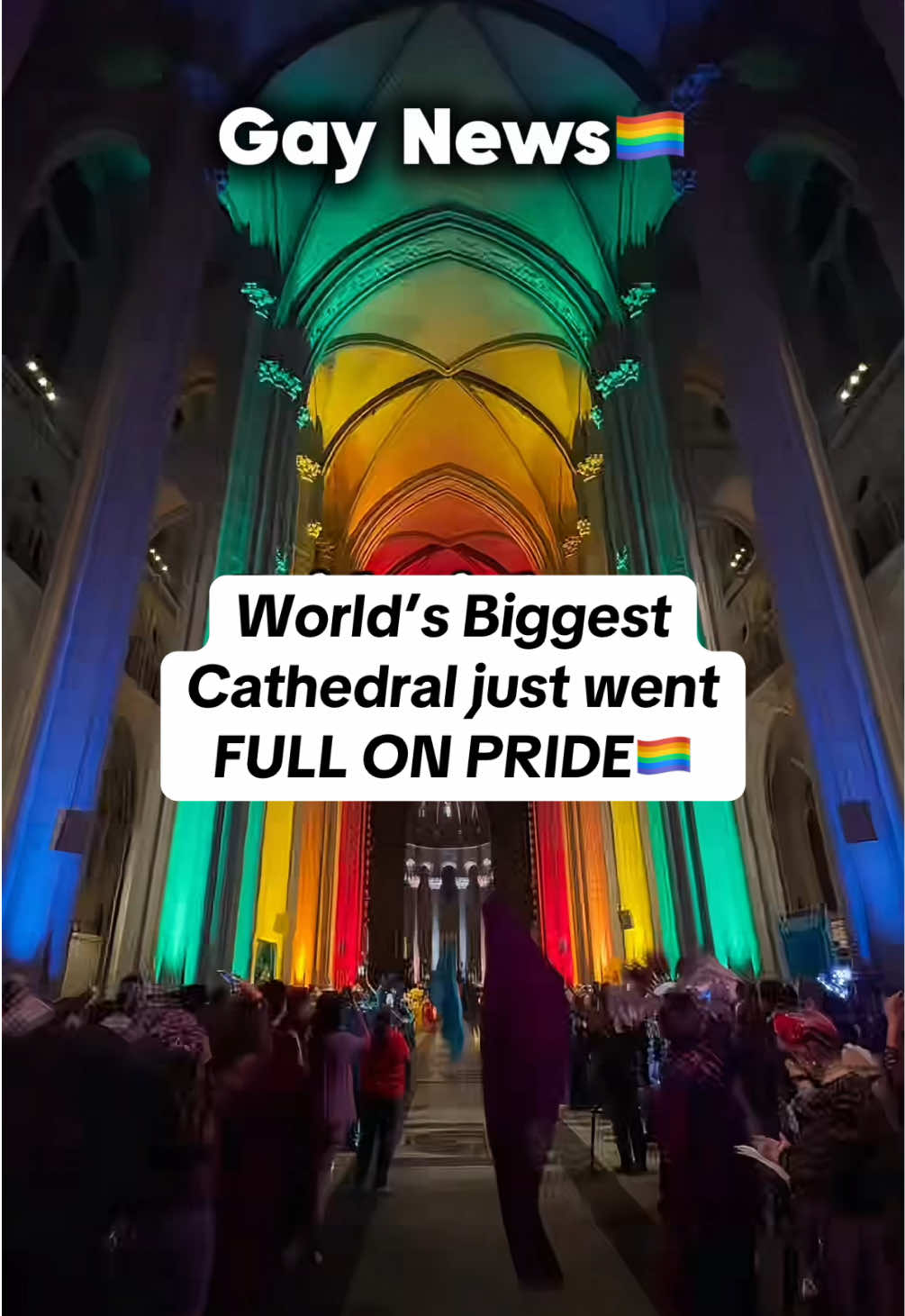 A post by @joshhelfgott on TikTok caption: Largest Cathedral ON EARTH is now RAINBOW 🏳️‍🌈🏳️‍⚧️  New York City’s St. John the Divine is now lit up, floor to ceiling, in the colors of the Pride flag. For the first time ever, the trans flag colors are included too. This isn’t just beautiful. It’s historic. 🏳️‍⚧️🏳️‍🌈 For decades, this Episcopal cathedral has stood with the LGBTQ+ community when others wouldn’t. Now it’s glowing, honoring every queer story, every chosen family, every fight for love. If you’re in NYC this Pride Month, go see this in person! And to anyone LGBTQ+ reading this, I am so incredibly proud of you. Thank you for having the courage to be who you are. And thank you for being here. I started Gay News videos to make sure no kid has to experience what I did. And this church just gave a big hug to our community 🥹🏳️‍🌈 thank you @John Friia | Here In NYC for this incredible footage