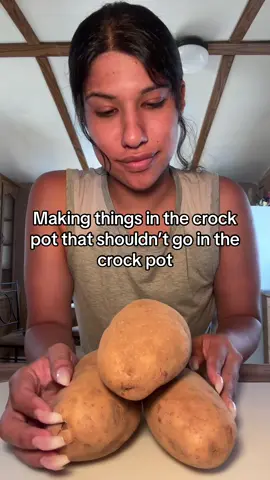 A post by @arimonika on TikTok caption: Making things in the crockpot that shouldn’t go in the crockpot episode one . #crockpot #bakedpotato #crockpotbakedpotato #sahm #momhack #arianaruiz #fyp #bakedpotatorecipe #easybakedpotato #imyourmomnow #crockpothack #hack #easyrecipe 