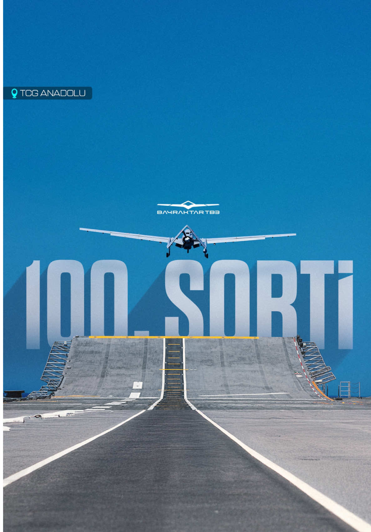 A post by @selcuk on TikTok caption: "Şimşek gibi atıldık bir semte yedi koldan, Şimşek gibi Türk atlarının geçtiği yoldan." Mavi Vatan’da kapılarını açtığımız yeni dünyanın ardına, Gözün gördüğü ufkun ötesine 1️⃣0️⃣0️⃣. sorti... #BayraktarTB3 has successfully completed its 100th autonomous takeoff/landing sortie aboard the TCG Anadolu! ✈️⚓️ #MilliTeknolojiHamlesi 🌍🇹🇷
