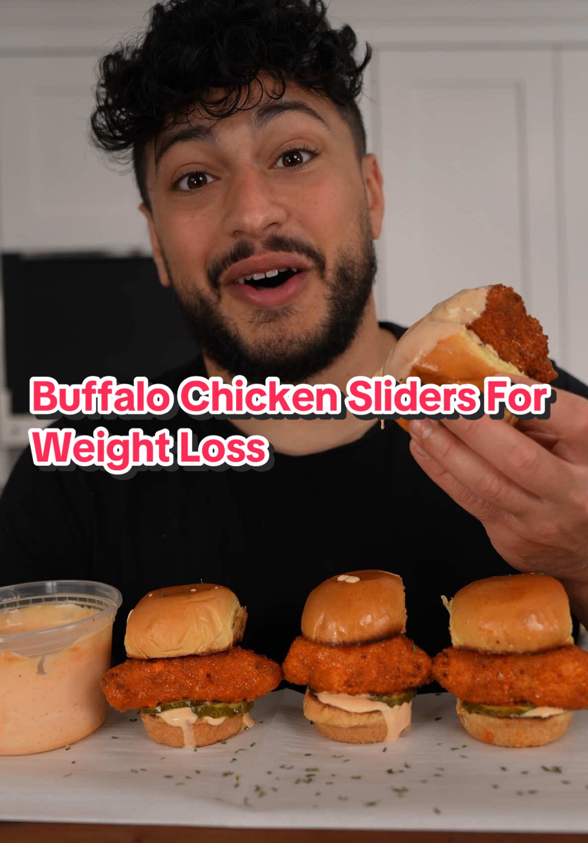 A post by @thegoldenbalance on TikTok caption: Buffalo Chicken Sliders - For Weight Loss 😍 Please take this as a template idea for a healthier alternative to regular chicken sliders. If you’d like to really make these low calorie, use a carb smart slider roll (45cal) and low fat mayo for the sauce base!