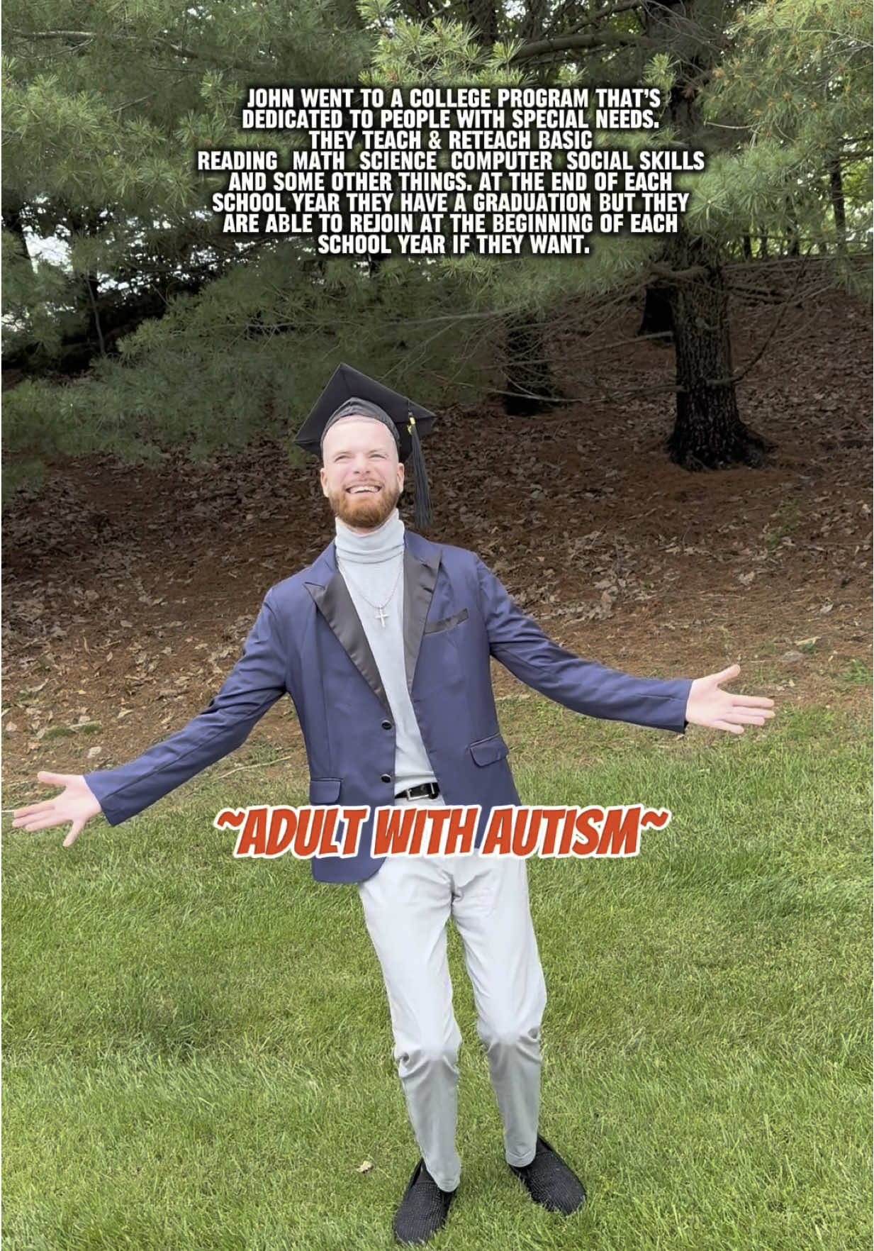 A post by @waxesbydes on TikTok caption: A lot of ppl asked what John studied in school. EVERYTHING😂 each school year they receive a college credit #family #familytime #autismfamily #autismacceptance #adultswithautism #asd #autismawareness #autistictiktok #autism #autistic #adultwithautism #autismoftiktok #familyfun #autisticadult #graduation #graduate #ginger #college #caregiver 