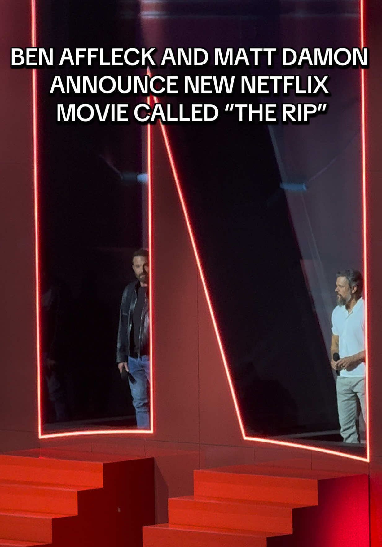 A post by @ashtongaler on TikTok caption: Ben Affleck and Matt Damon announce new Netflix movie called “The Rip” #mattdamon #benaffleck #therip #netflix #tudum #tudumnetflix #kiaforum #losangeles 