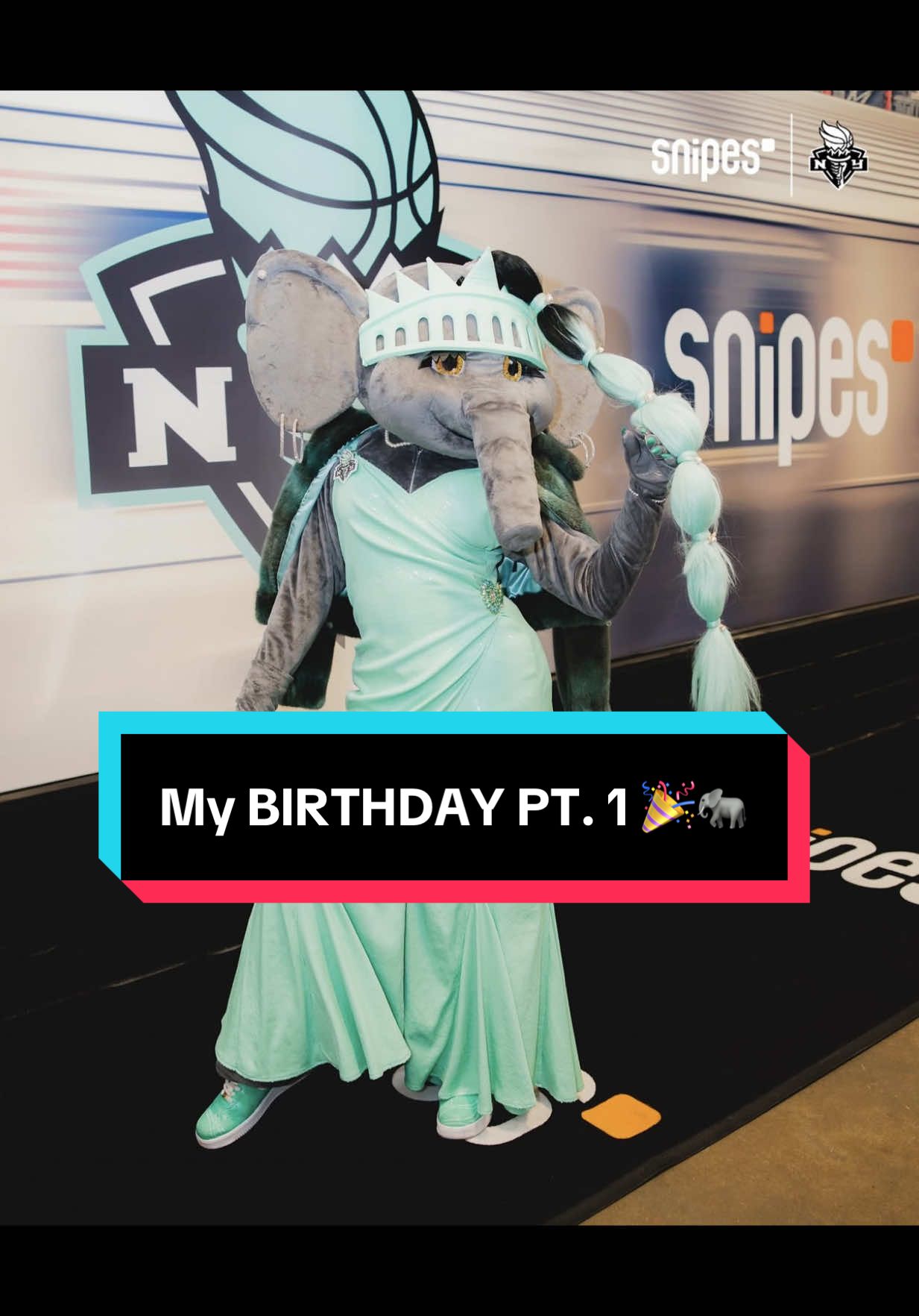 A post by @bigellieliberty on TikTok caption: Birthday Shenanigans Pt. 1 🎉🎊 Comment and Like for Pt. 2‼️ @nyliberty @New York Islanders @NY Rise @Jonathan The Husky  Birthday Fit: @David Dalrymple  Hair: @Criscia Long  Fur curtesy of @Furrygodmotherapparel  Thanks @iamharrisoncrite for sending  #ellietheelephant #WNBA #funny #voiceover #viral #morethanamascot #fyp #ellie #hilarious #fashion #nyliberty #nylibertymascot #birthday #narration