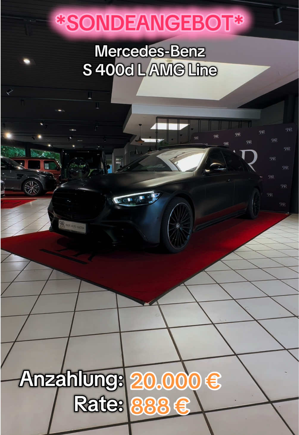 A post by @profiautoraten on TikTok caption: *Sonderangebot PAR* Mercedes Benz S 400d L AMG Line Baujahr 2022 Mit 52.000 Km Laufleistung Alle Preisangaben inklusive Mehrwertsteuer. Fahrzeugpreis: 124.900€ Anzahlung: 20.000 €  Laufzeit: 64 Monate	 Raten: 888 €  Effektiver Jahreszins 2,99%	 Sollzins p.a. (gebunden) 2,93 Schlussrate: 74.940€ Gesamtbetrag	: 130.881€ Dieses ist ein unverbindliches, freibleibendes Angebot Ihrer Santander Consumer Bank AG. Bonität vorausgesetzt. Bei Interesse könnt ihr uns unter der Rufnummer 0231/88205380 erreichen.  #profiautoraten #sonderaktion #fyp #viral #finanzierung #carsoftiktok #foryou #foryoupage #carvideos #besterate #viral #viralvideo #highline #viraltiktok #vehicle #sklasse #mercedes #400d #mercedesbenz 