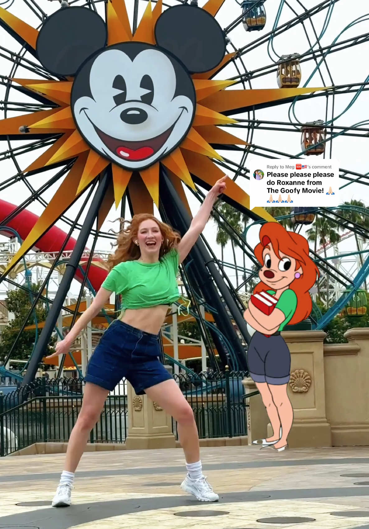 A post by @melissabecraft on TikTok caption: Replying to @Meg 🆘🇺🇸 Part 24: ROXANNE 💚🐕🎬  Filmed/Edited by @honeyhoneymedia #roxanne #goofymovie #disneyland #redhead #ginger 