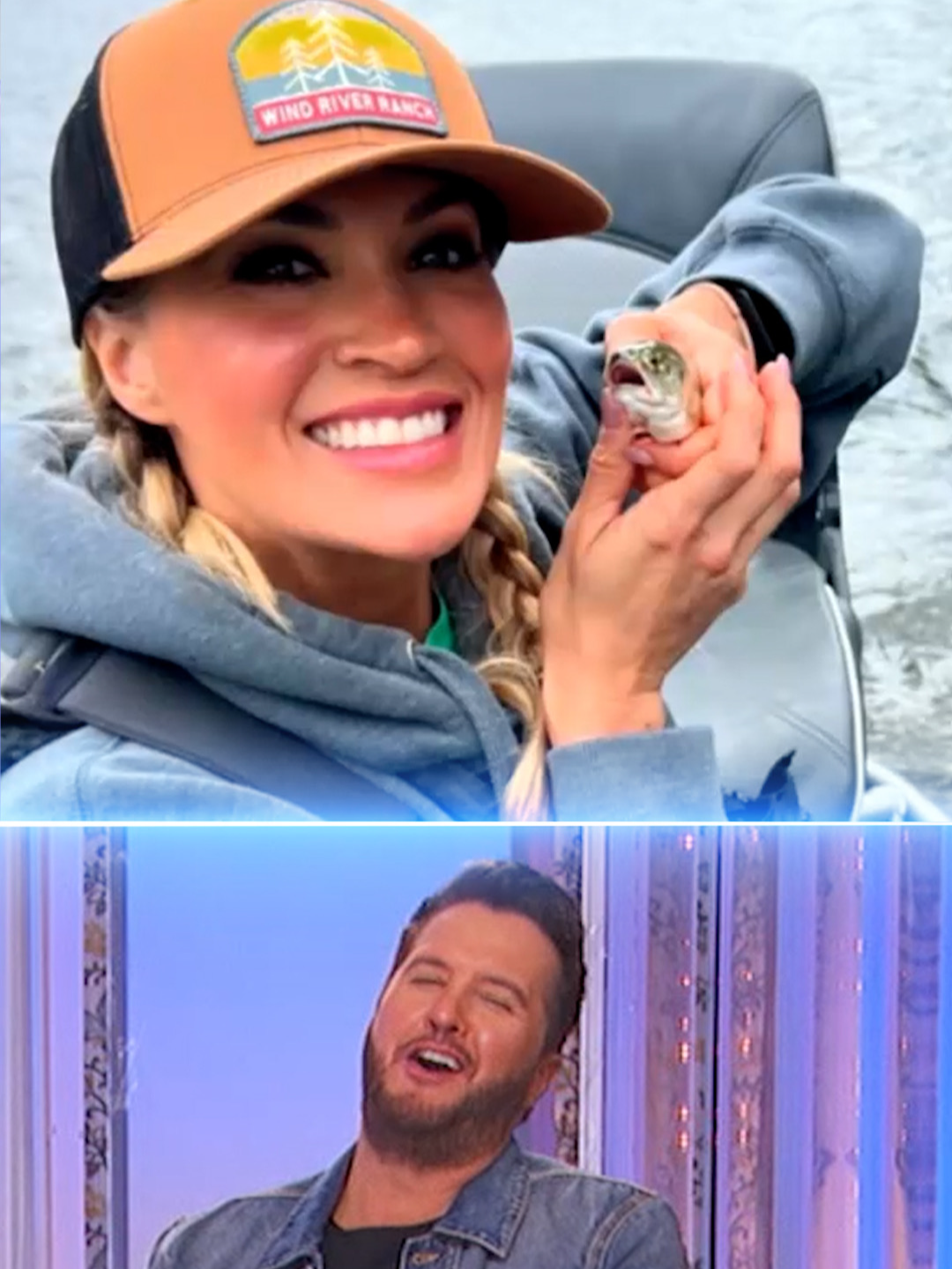 A post by @americanidol on TikTok caption: Their #fishing rivalry >>> 😂😂🎣 #lukebryan #carrieunderwood #americanidol