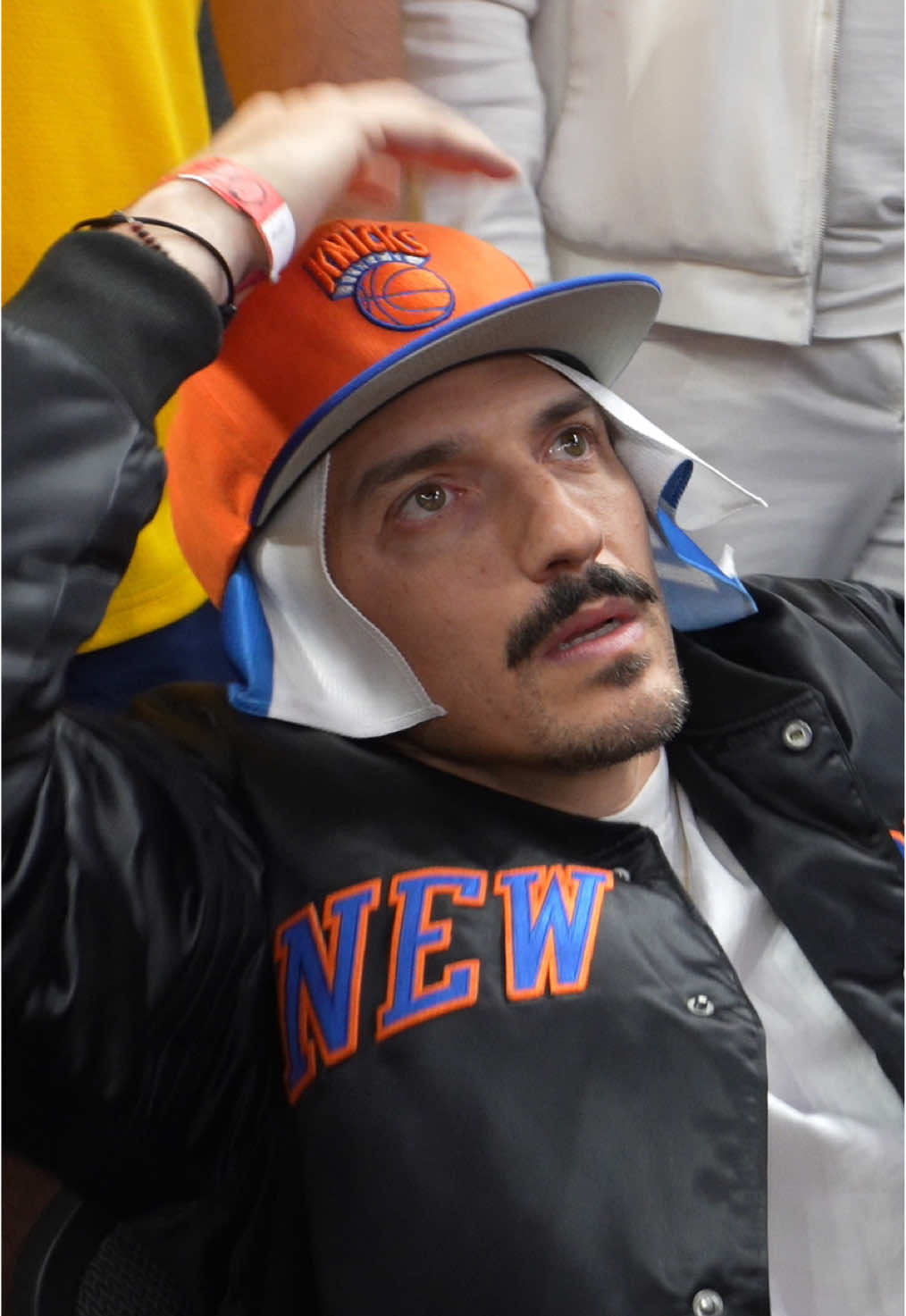 A post by @theandrewschulz on TikTok caption: Look we went to Indiana to watch the Knicks tear my heart out of my chest. (full vlog of hope and despair on my YouTube now)   Also shoutout to @krakenfx for making this excruciating pain possible…   #andrewschulz #fyp #NBA #knicks #krakenfx ##crypto#giveaway