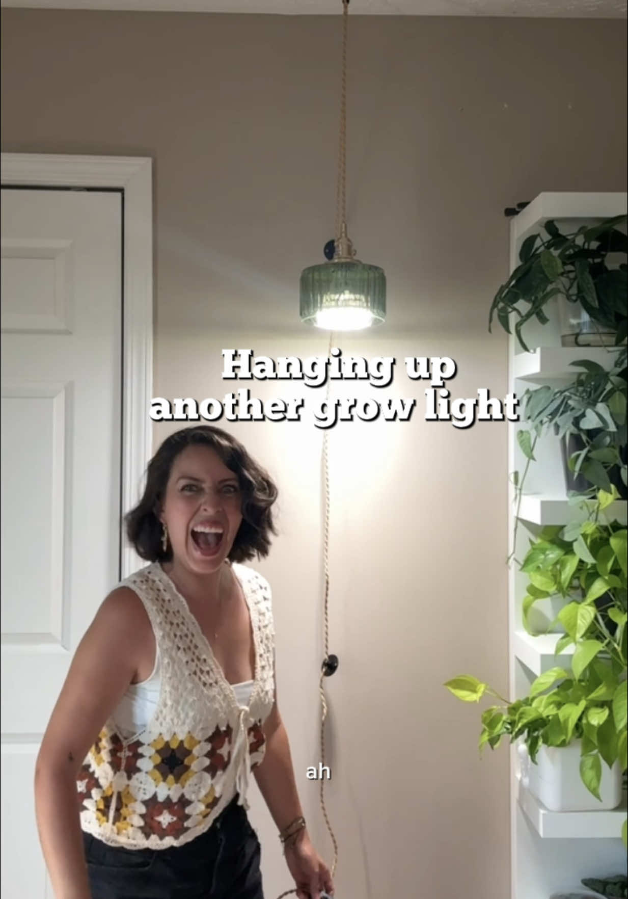 A post by @plantswithkrystal on TikTok caption: No bare corner is safe here without plants.  Using regular lamps and adding growlights is a great way to spruce up your planty space. Just be sure that the lamp supports the voltage of grow light. This plug in one has a max of 40w and the growlight is 36 W.  All items available are in my Amazon Storefront. #growlight #plantspace 