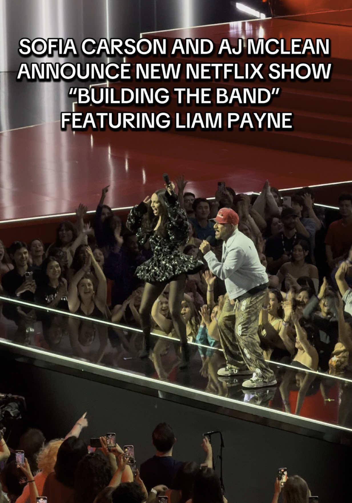 A post by @ashtongaler on TikTok caption: Sofia Carson and AJ McLean announce new Netflix show “Building the Band” featuring Liam Payne, Kelly Rowland, and Nicole Scherzinger #netflix #tudum #buildingtheband #ajmclean #sofiacarson #liampayne #nicolescherzinger #kellyrowland 