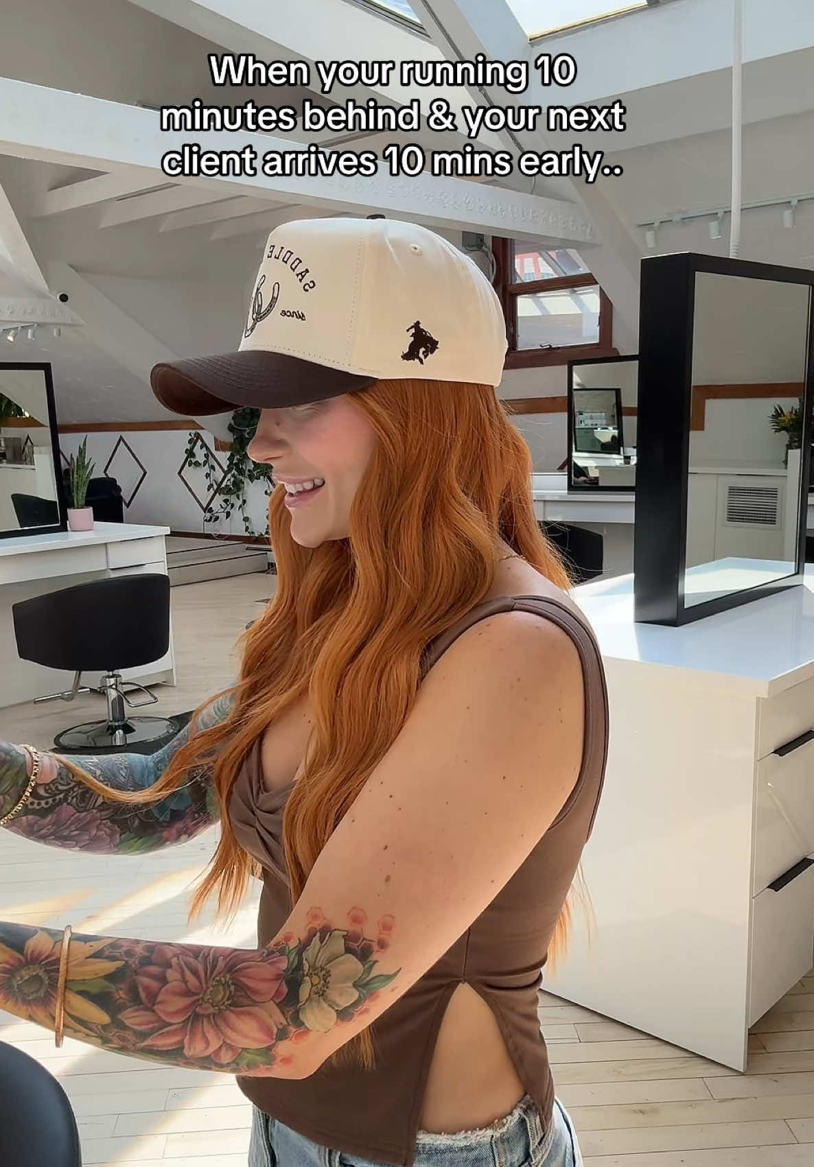 A post by @abbeybrookee on TikTok caption: When your running 10 minutes behind & your next client arrives 10 minutes early … #salonhumor #funnyhair #hairtok #hairsalonlife 