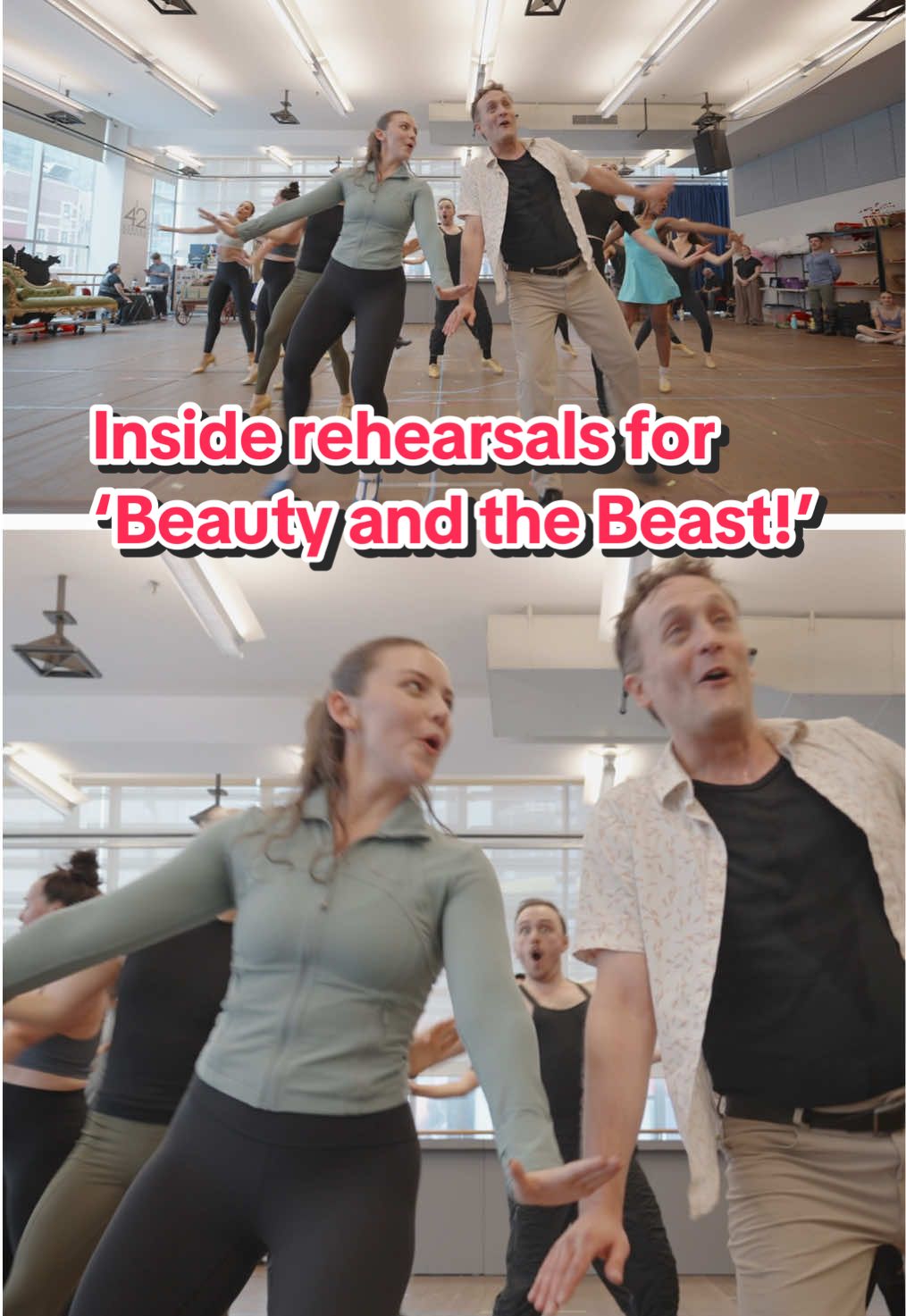 A post by @disneyonbroadway on TikTok caption: Here's your first peak inside rehearsals for the North American Tour of 'Beauty and the Beast!' 🌹✨ Opening night can't come soon enough! #broadway #tour #disney #beautyandthebeast #fyp 