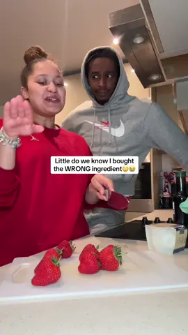 A post by @mudyandshamy on TikTok caption: Attempted to make the strawberries and burrata. I bought balsamic VINEGAR instead of DRESSING😭😩 #strawberries #tiktoksnacks #weirdfoodcombos #burrata 