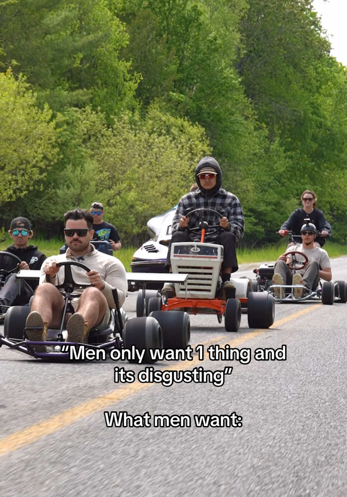 A post by @frankielapenna on TikTok caption: We are simple creatures. This is all we need. #gokart #squad #theboys #men #drifting #tokyodrift #custom #cartok #race #racing #goals 