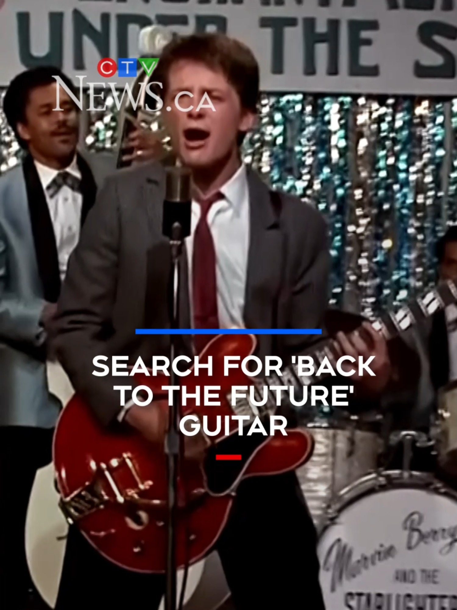 A post by @ctvnews on TikTok caption: Marty McFly grabbed a guitar in “Back to the Future” and rocked out with the band at a 1950s high school dance, helping him narrowly avoid blinking out of existence before time-travelling back to the 1980s. The guitar, in real life, wasn’t as lucky. #backtothefuture #guitar #search