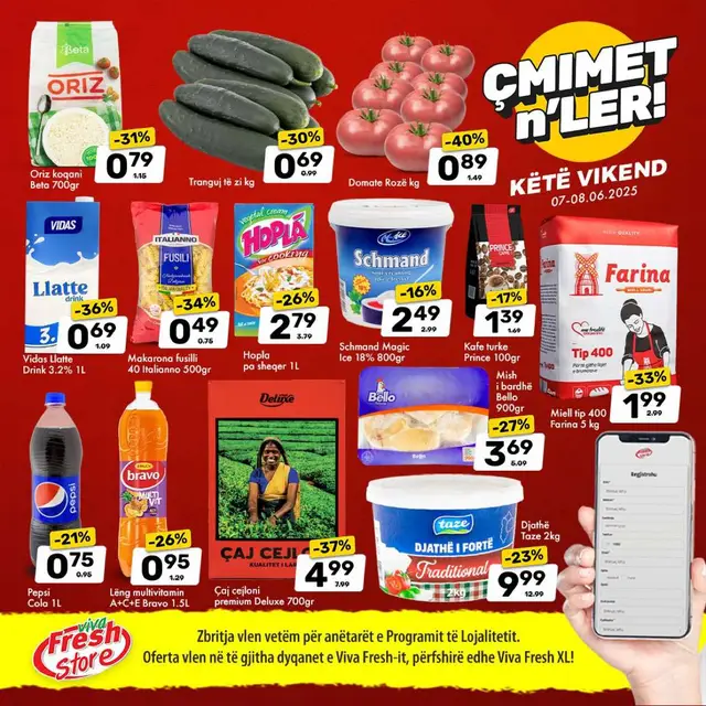 A post by @vivafreshstore_ on TikTok caption: Çmimet i kemi l'shu n'ler!  Oferta vlenë: 07-08 Qershor 2025⏰ #vivafreshstore #foryoupage #fyp #viral #kosova 