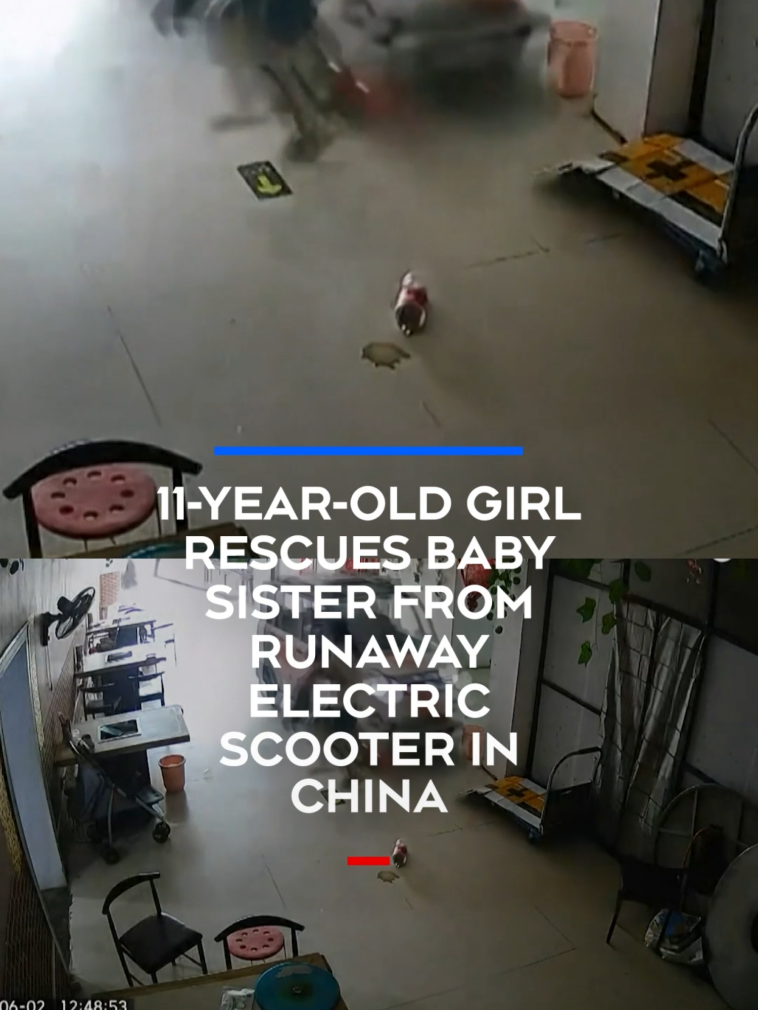 A post by @ctvnews on TikTok caption: Watch the moment an 11-year-old girl quickly saved her baby sister as a scooter rammed into a restaurant in China. #ctvnews #news