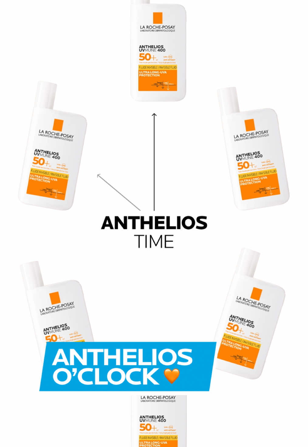 A post by @larocheposay on TikTok caption: What time is it? ✨Anthelios Time! ✨ Around the clock, make sure to apply sunscreen to protect from harsh UVA & UVB rays and pollution! Tag a friend who needs to read this. 🧡 #fyp #larocheposay #skincare #skintok #anthelios #suncare #sunscreen 