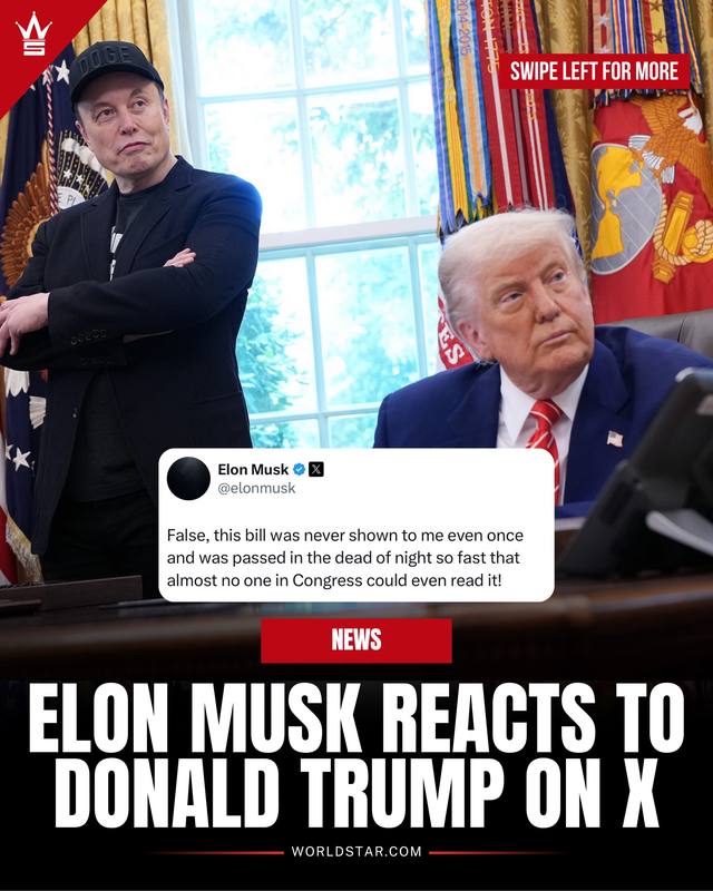 A post by @worldstar on TikTok caption: #ElonMusk reacts to #DonaldTrump on X 🗣️🇺🇸 #news 