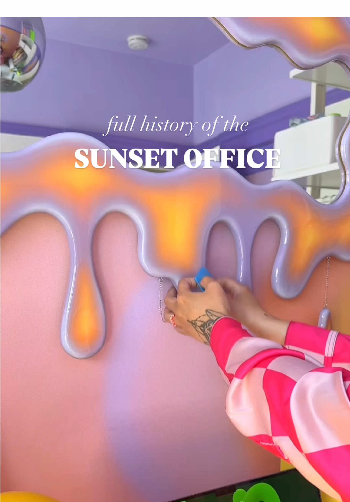 A post by @taybeepboop on TikTok caption: Next in the series of the full history of each room makeover! Here is start to finish of the office makeover 🧡💛💜  💖 Small businesses: rug @Gush mirror @hotglood  🔗 The giant flower lamp is back in stock! Y’all sold it out after my last video about it and it’s back now. I linked the things I could in my “new home decor” link in bio