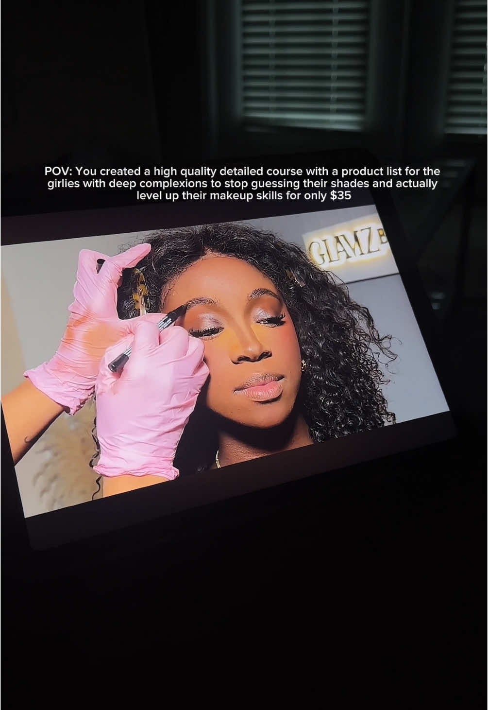 A post by @glamzbyjas on TikTok caption: Only $35 to learn everything I do when I beat a face 😮‍💨 This 65-minute course is beginner-friendly, self-paced, and includes all my techniques + product list. Watch it anytime, rewatch forever. Link in bio! 💻✨ #glamzbyjas #makeupartist #makeup #darkskinmakeup #blackgirlmakeup #makeuptutorial 