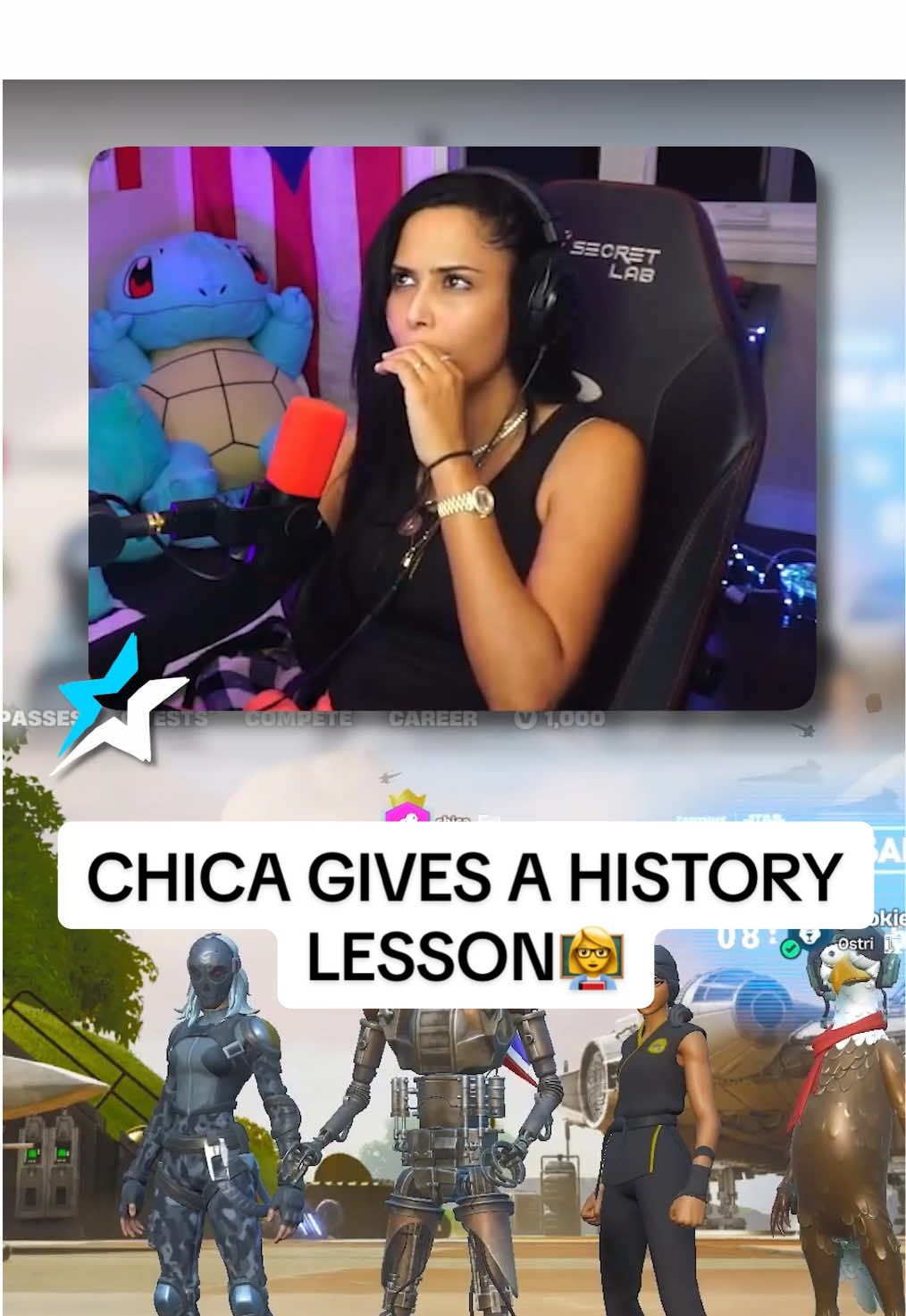 A post by @chica on TikTok caption: Mrs.Chica teaches History👩‍🏫 #fortnite #trending #gaming #history #fyp #viral 