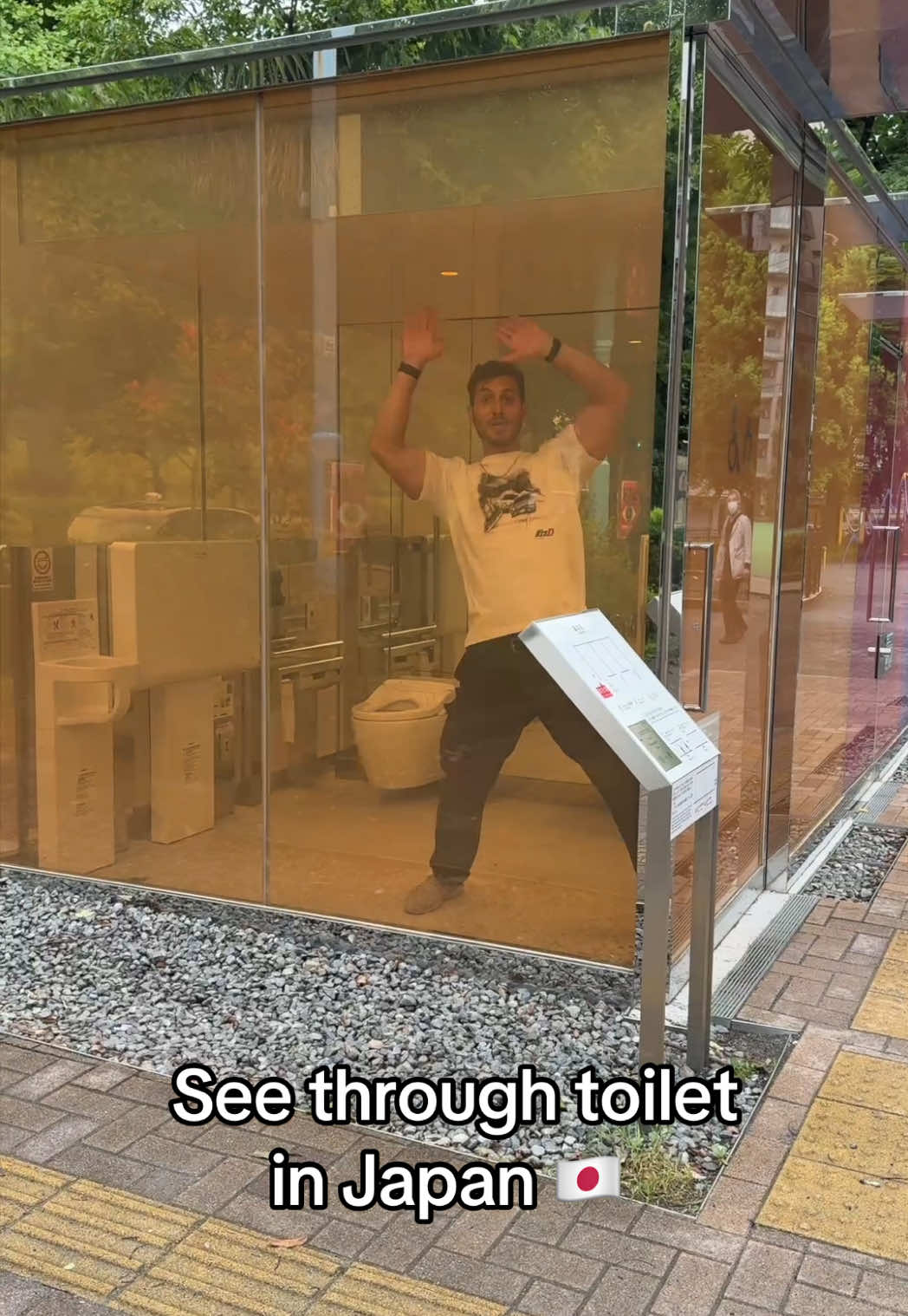 A post by @rosssmith on TikTok caption: Trying out the invisible toilet in Japan 🚽🇯🇵 #japan #travel #tokyo 