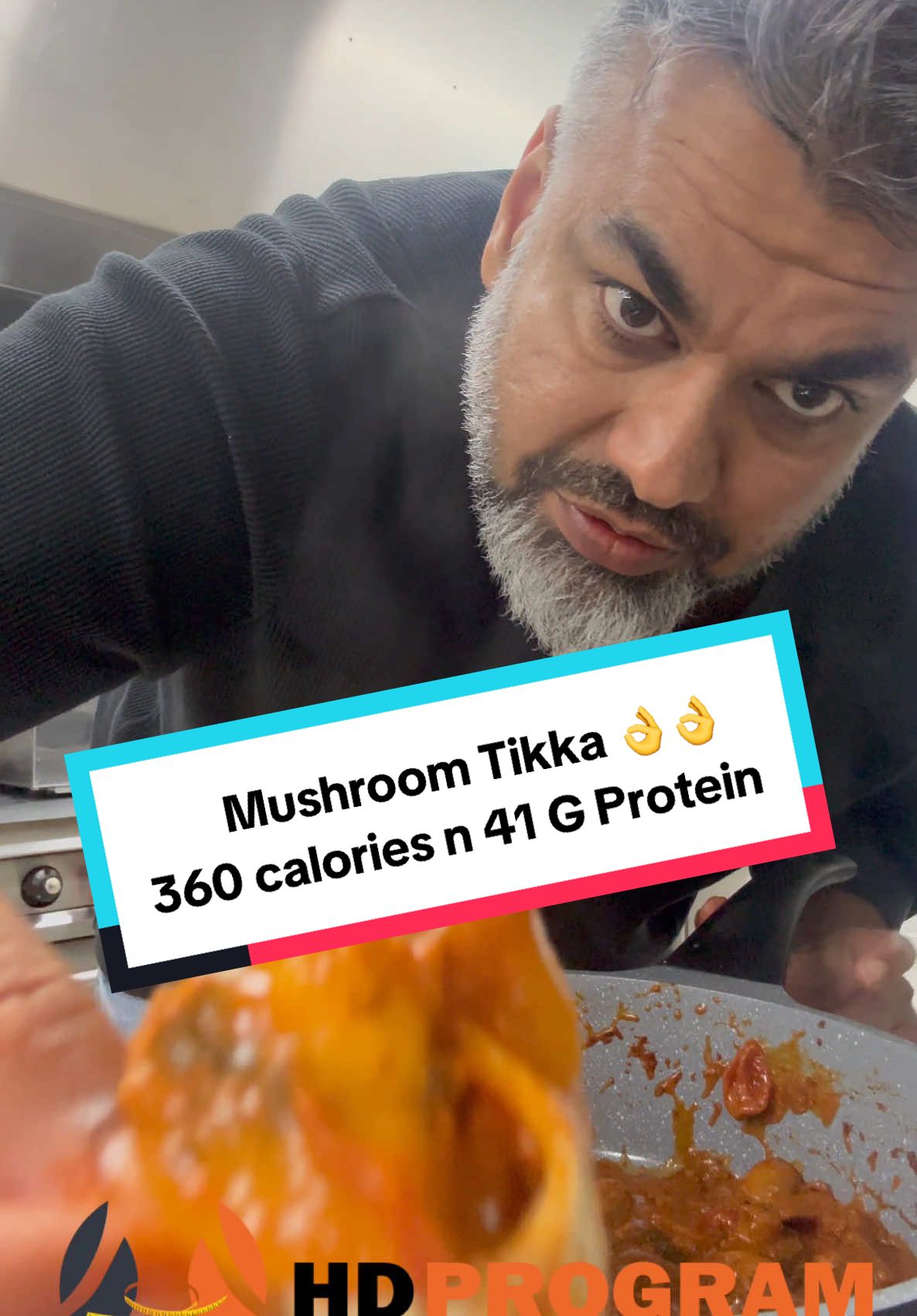 A post by @hdmeal on TikTok caption: Try this Mushroom 🍄‍🟫 Tika , it will beat the taste of chicken tikka .  Calories 360 and 41 G protein 💪. Took only 15-20 min to make #hdprogram #hdmeal @HD Program | +61411229631 