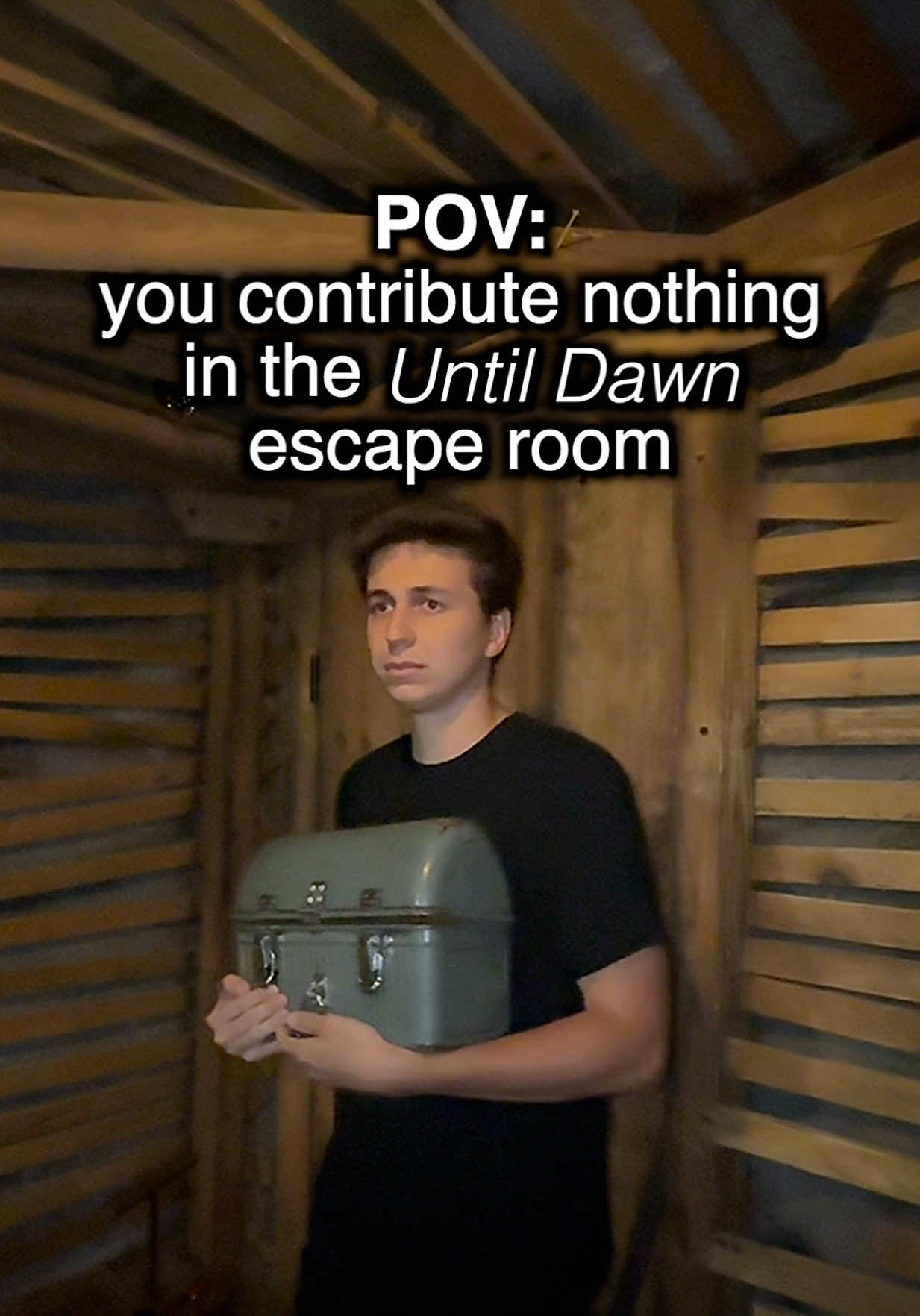 A post by @gabe on TikTok caption: Just here for the moral support…😅🔑 Until Dawn is now available to watch at home. It was really fun doing the Escape Game with @Michael Cimino from the film to celebrate the digital release🍿 @Until Dawn Movie #UntilDawnMovie #SonyPicsPartner #untildawn #movie #film #escaperoom #fail #puzzle #maze #comedy #skit #reels