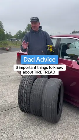 A post by @dadadvicefrombo on TikTok caption: True story: a kid from our town got in an accident and law enforcement held him responsible because of his tire tread. If you don’t take it seriously, the law will. Check your tread tomorrow morning. Love, Dad (and thank you to my local @Les Schwab Tires for lending me these tires) 🛞 