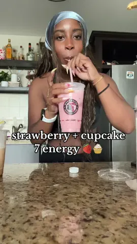 A post by @kmaeleee on TikTok caption: let’s make my FAVORITE 7 brew 7 energy order at home!!! Strawberry + cupcake + splash of cream 