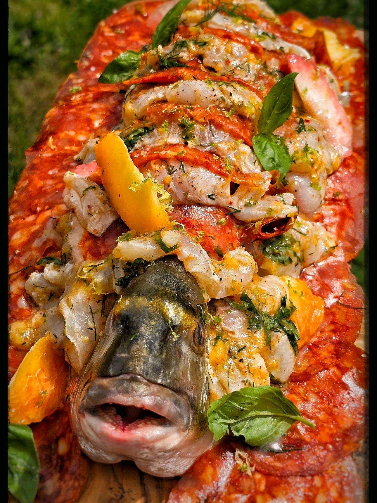 A post by @bonne_pitance on TikTok caption: Plateau apéro de Dorade !  Des fois je me demande sérieusement si je n'aime pas le poisson autant voire plus que la viande ! Y a tellement de choix et de goûts différents ! Je lève mes filets sur 2 dorades, (je te ferais pas de tuto pour lever des filets, je me perfectionne encore !) La troisième je l'ouvre en papillon (en gros j'enlève la colonne et les arrêtes centrales pour que les deux filets soient reliés entre eux).  Pour la marinade, je hache finement un mélange de pêches jaune et blanches, jus de citron vert et jaune et leurs zestes, gingembre frais râpé, piment d'espelette, huile d'olive, basilic et aneth ciselés. J'ajoute mes morceaux de dorades coupés pas trop finement, il faut de la mâche. Je termine mon assaisonnement avec fleur de sel et poivre. Je goute, je tombe parce que ça tue, je me relève et je tranche de la chiffonnade de chorizo.  Avec du riz cuit le matin légèrement collant, je vais former un dôme sur ma dorade en papillon, ça va me servir pour le dressage.  J'appose mes morceaux de dorade, entremêlés de tranches de chorizo, quelques morceaux de pèches, bref, je me fait plaiz sur le dressage !  Une fois que t'a tout bouffé, tu met les riz de côté, tu enfourne ton filet double qui est déjà assaisonné avec tout ce qu'il y avait dessus, 15 mint à 180, tu réchauffe ton riz, et tu as ton plat chaud ! Allez, Bon app ! #food #pourtoi #bonnepitance #fish 