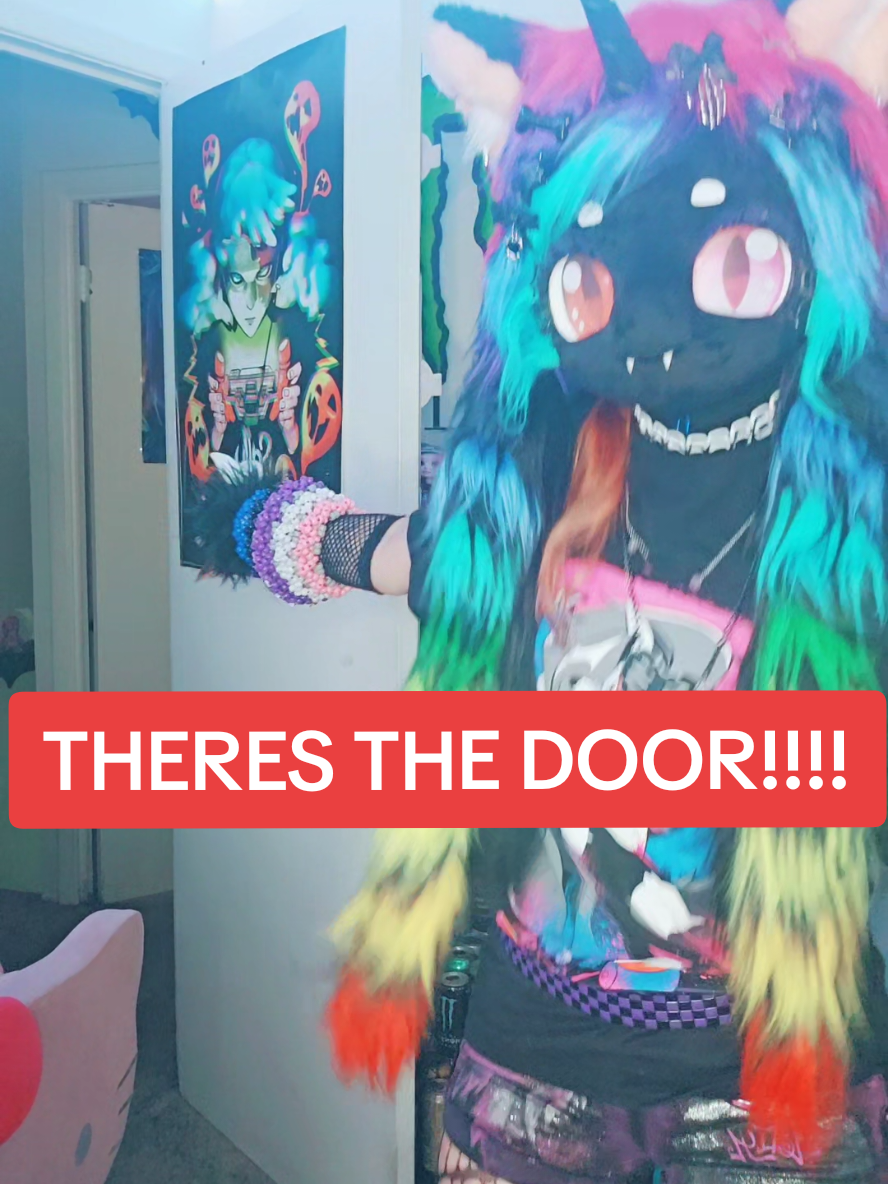 A post by @clawed_beauty101 on TikTok caption: THERES THE DOOR B****!!! #sleepingwithsirens #emo #furry #therian #lgbtq 