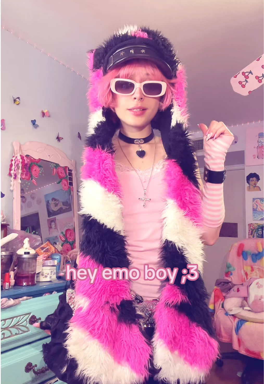 A post by @strawbabyboy on TikTok caption: emo boy to femboy pipeline needs to be studied #femboy #fyp #femboytiktok #pink #kawaii #strawberry #fypシ #femboyfriday 