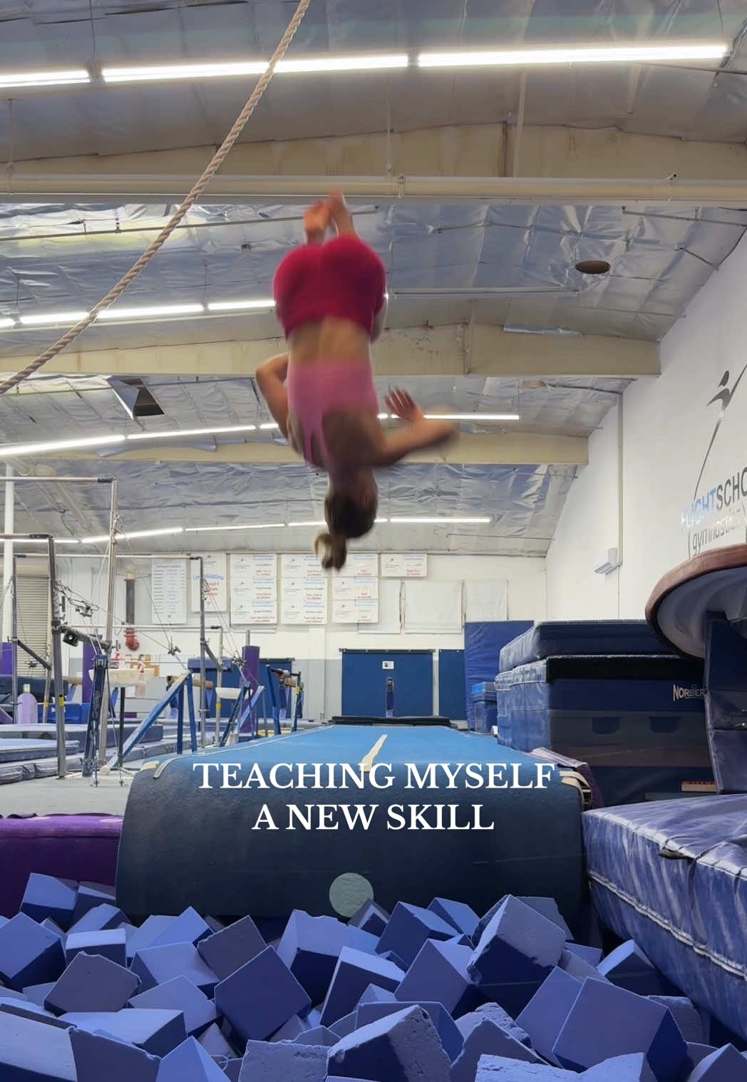 A post by @graciekramer8 on TikTok caption: TEACHING MYSELF A NEW SKILL🤸🏼 #gymnastics #training #vlog #tumble #flip #gym #DayInTheLife 