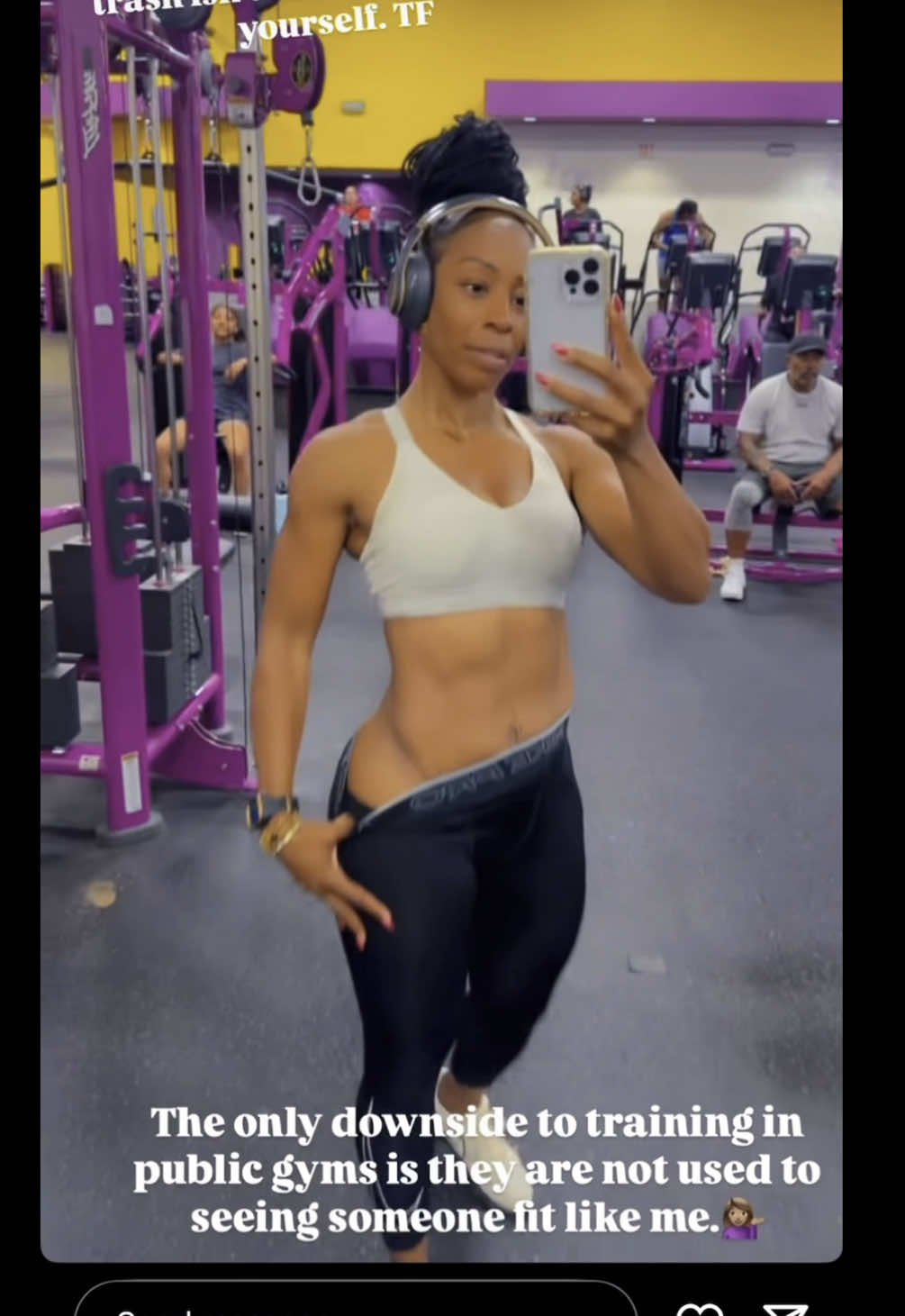 A post by @thejoeyswoll on TikTok caption: The main character syndrome is strong with her! I hope Planet Fitness bans you! #gymtok #gym #fyp