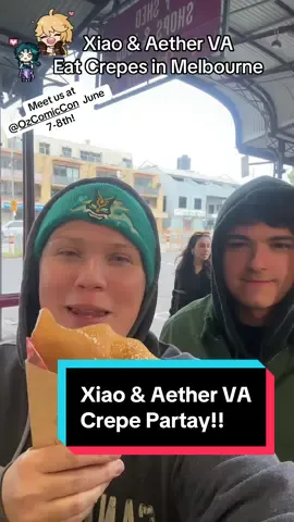 A post by @lailaberzinsvoice on TikTok caption: Evil #crepe ening! #xiaova and #aetherva try crepes at @Kiki’s Crepes Australia - So Bussin! Come meet us at @OzComicCon this weekend! #yaemiko va will be there too! @Ratana much love! @Zach Aguilar  . . . . #ozcomiccon #comedy #genshin #genshinfyp #genshintok #genshinimpact34 #genshinva #anime #aether #xiao #aethergenshinimpact #xiaogenshinimpact #bussin #rizz #sigma  