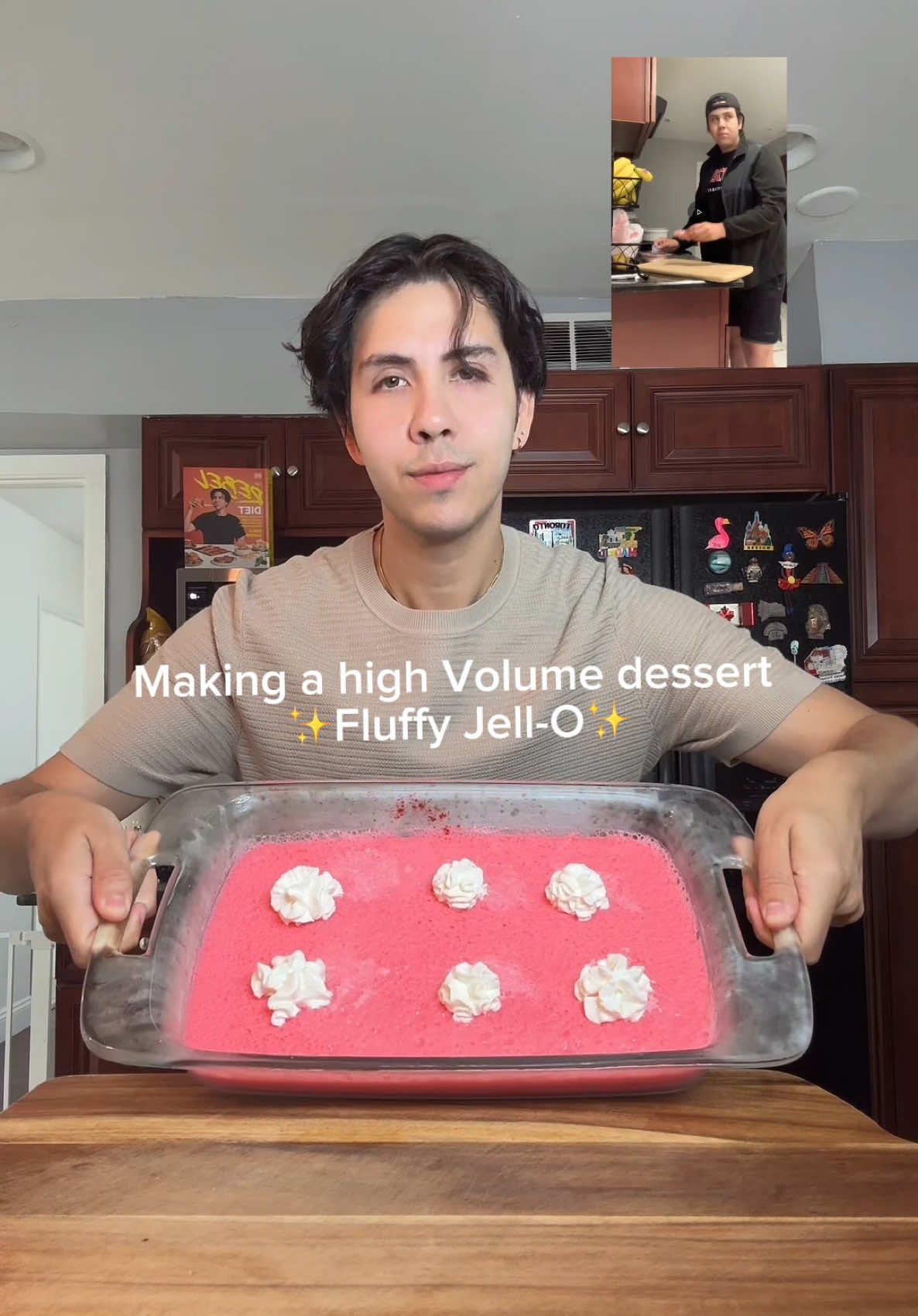 A post by @benjixavier on TikTok caption: This FLUFFY STRAWBERRY JELLO is a cheat code when I want something sweet, high volume, and low calorie 🍓💗 Light, creamy, and only a few ingredients. Save this one for your weekly meal prep! 🙌 recipe recently popularized by @Chef Erin Morley  Makes 4 servings Serving Size: ~2 cups 📝 Ingredients: 	•	🍓 2 packets sugar-free strawberry Jello 	•	💧 2½ cups boiling water 	•	🥣 2 cups plain nonfat Greek yogurt 	•	🌿 1 tsp vanilla extract (optional) 	•	🍦 Fat-free or sugar-free whipped cream (for topping) 📌 Macros (per 2-cup serving): 	•	Calories: ~85 	•	Protein: 13g 	•	Carbs: 6g 	•	Fat: 0g