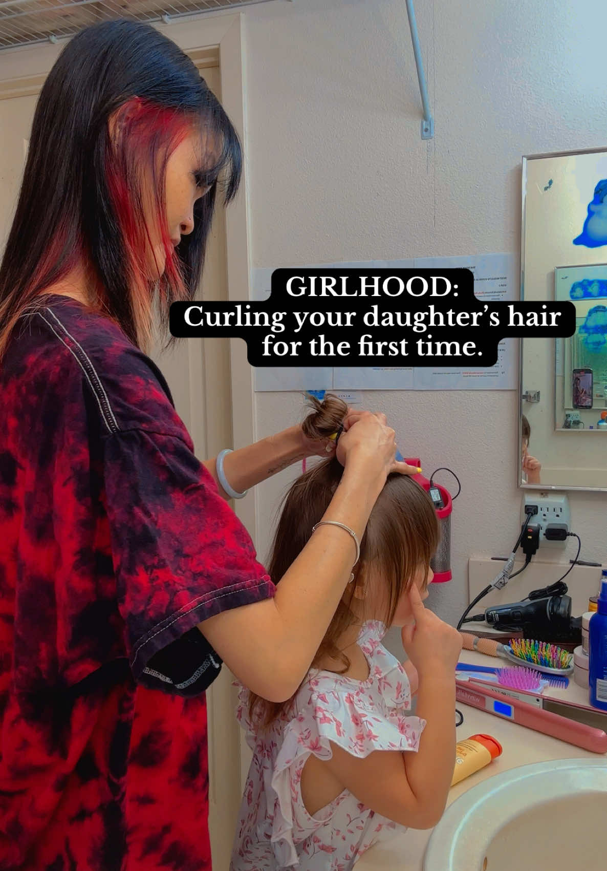 A post by @kimcheesaay on TikTok caption: She definitely does have my fine, super straight hair😆 Ended up just being more wavy than curly😅 #fyp #foryoupage #motherhood #girlmom #girlhood #toddlermom #motherdaughter #mother #daughter #girlthings 