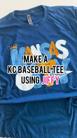 A post by @threepairsofears on TikTok caption: Let’s make a KC baseball inspired t-shirt using a DTF transfer AND t-shirt from Jiffy! Both items arrived within 48 hours after I placed my order, which is perfect for last minute game day outfits! … #jiffy #jiffytransfers #dtf #dtftransfers #dtftransfer #diy 