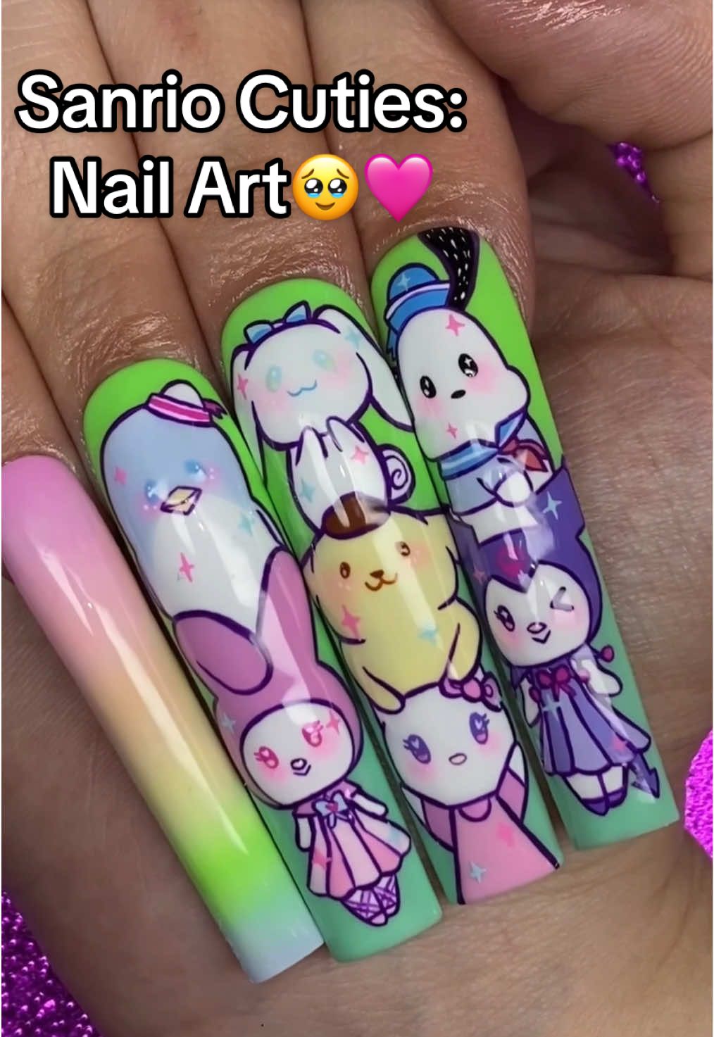 A post by @nailzbydevshop on TikTok caption: We can't stand how cute these Sanrio characters are painted by our amazing nail artist affiliate @Erica Naomi Nailz using our "My Little Pastels" gel collection.😍💕 And did you see that ombré?😱🌈 She used our "My Little Ombré Brush" from our "My Little Brush Kit" to get that perfect blend!🩷 You can use her code ✨ERICA✨ to save on all NAILZBYDEV products at checkout!🛍️ Who is your favorite Sanrio cutie?🥹 #sanrio #sanrionails #pastelnails #nailart #nails #gelpolish #ombrenails #nailzbydevshop 