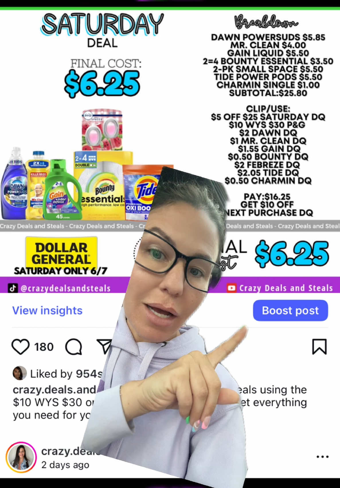 A post by @crazydealsandsteals on TikTok caption: Laundry, Febreze, Bounty, Charmin, Mr. Clean for $6.25 👏 @Dollar General 6/7 ONLY!! #fyp #fypシ #viral #foryou #howtocoupon #extremecouponing #savemoneytips #dollargeneralcouponing #couponer #dollargeneraldeals #dollargeneralfinds 