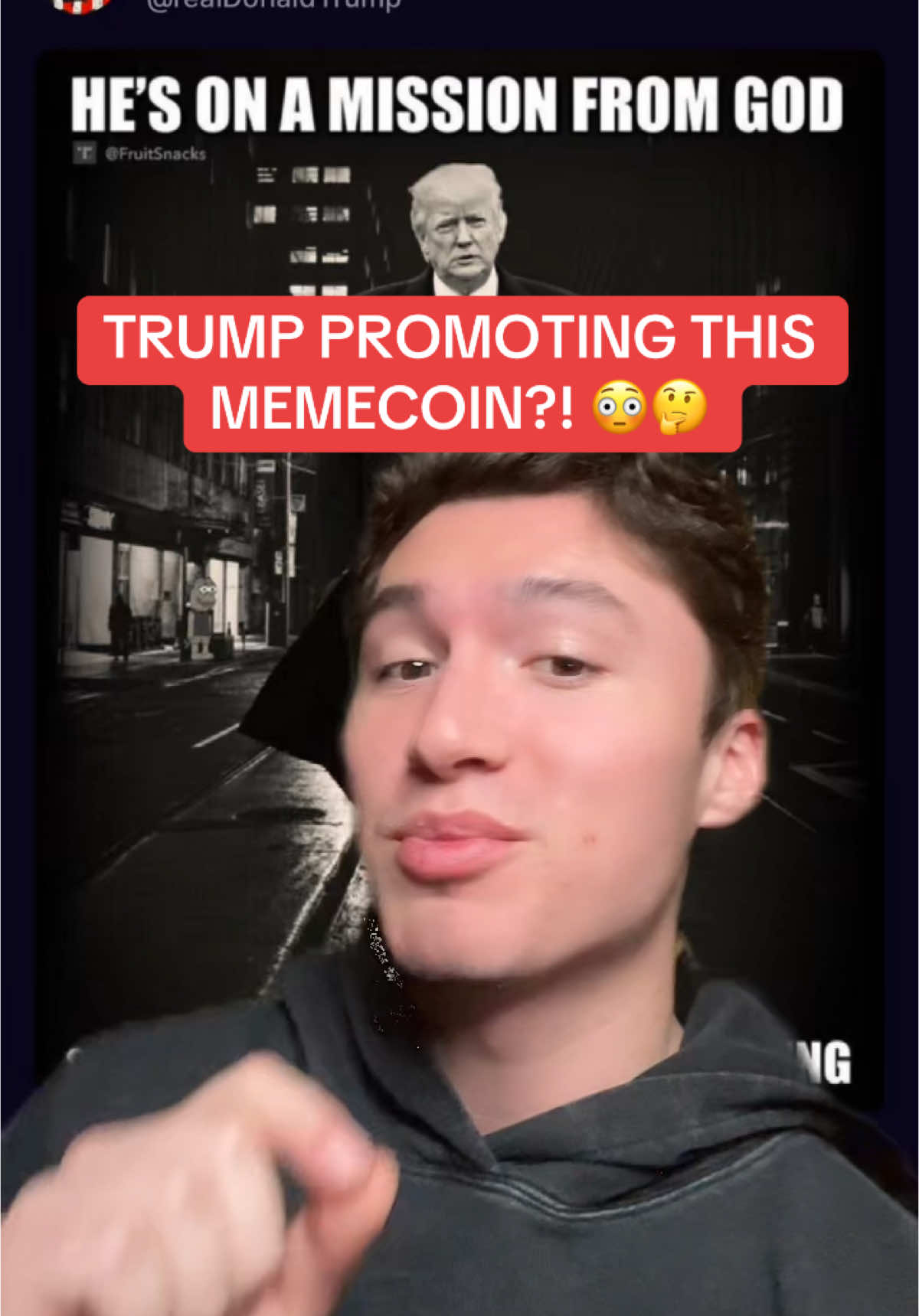 A post by @colewherld on TikTok caption: trump wildin’ bro 😭  #memecoins #pepe #snibbu #memecoinseason #web3 #crypto  #trading #cryptonews #cryptotok #trump #eth #memecoin 