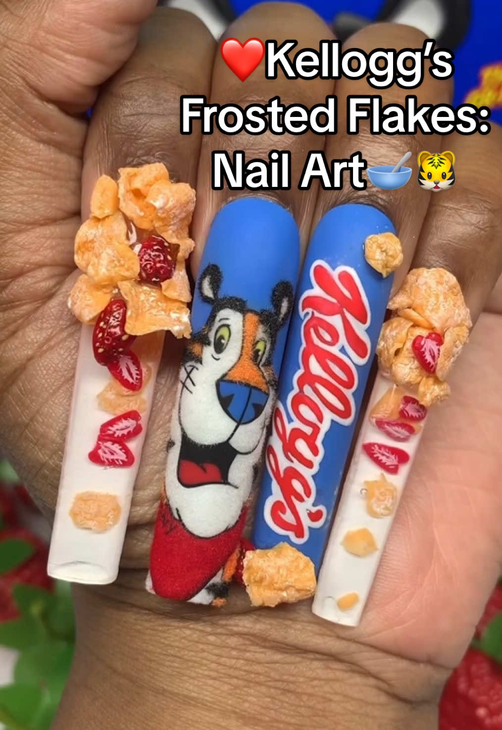A post by @nailzbydevshop on TikTok caption: They're GR-R-REAT!🐯 Who else wants a bowl of @Kellogg’s Frosted Flakes now?🤤 This set made by our amazing nail artist affiliate @PolishedByKimmie✨ looks just like real Frosted Flakes and we definitely want a spoonful!😍💙 She used all NAILZBYDEV products including our Trippy Gels to make the realistic cereal!🥣 You can use her code ✨KIMMIE✨ to save at checkout!💸 Who else still eats this cereal? We sure do!🙋‍♀️ @KelloggscerealUS  #nails #kelloggs #frostedflakes #whatthefluff #fluffynails #cereal #3dnails #nailart #nailzbydevshop #nailsoftiktok 